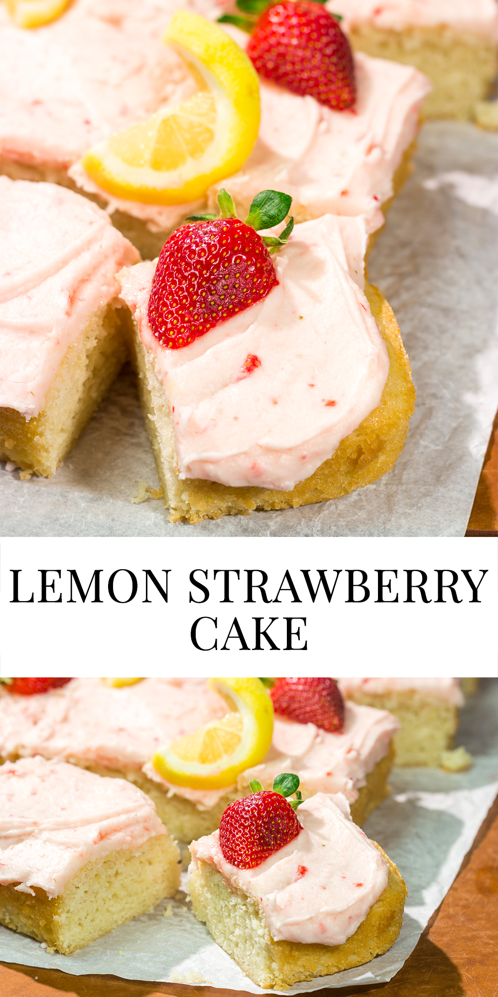 Celebrate warm weather season with this Lemon Strawberry Cake! This dessert features an eggless lemon cake topped with a luscious strawberry buttercream frosting.