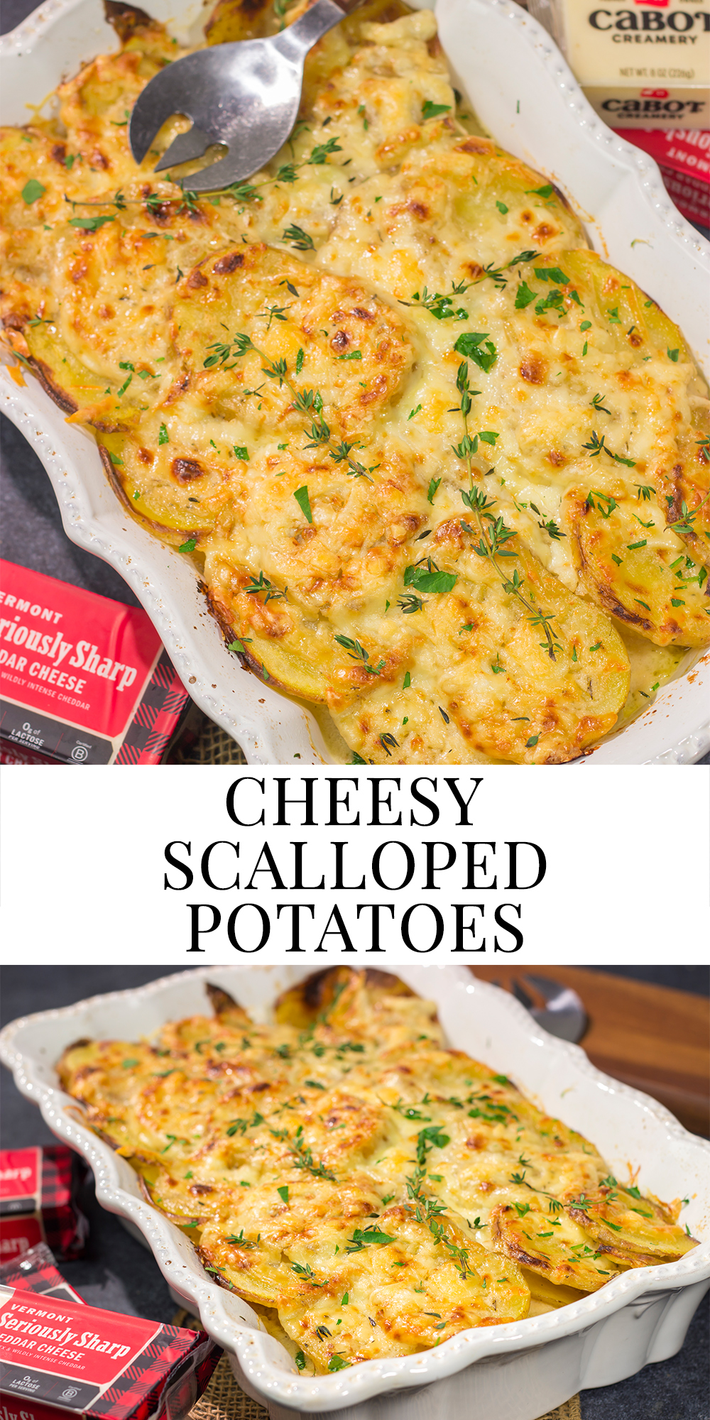 This Cheesy Scalloped Potatoes recipe features layers of potatoes, onions and shredded cheddar cheese. It's a fantastic side dish for dinner!