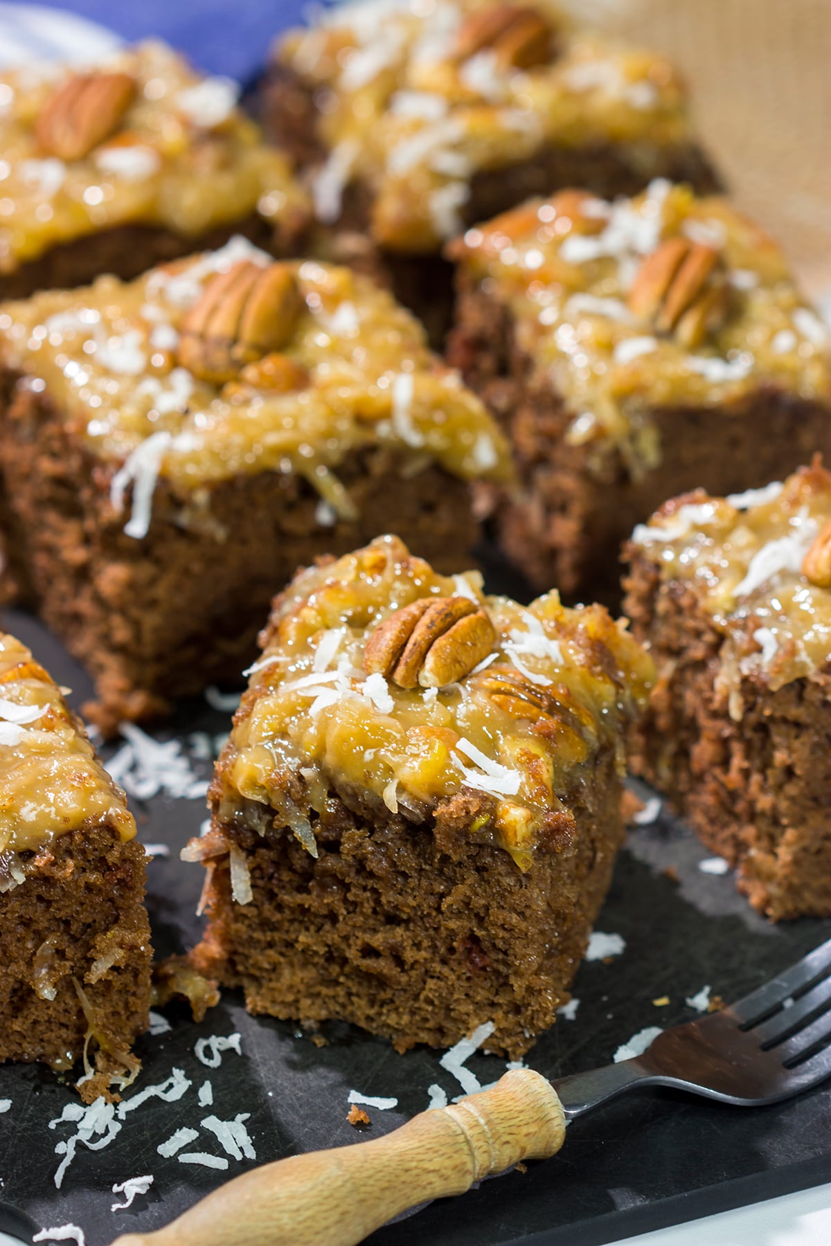 This sheet pan version of the classic German Chocolate Cake features a mild chocolate cake topped with a gooey coconut pecan frosting. It's perfect for picnics and family gatherings!