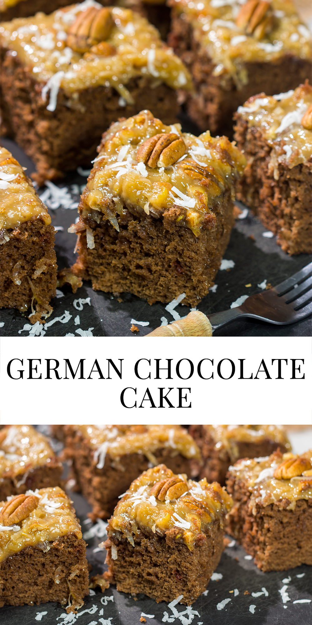 This sheet pan version of the classic German Chocolate Cake features a mild chocolate cake topped with a gooey coconut pecan frosting. It's perfect for picnics and family gatherings!