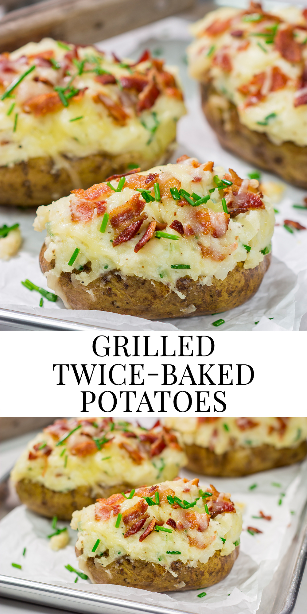 These Grilled Twice-Baked Potatoes feature crispy potato skins filled with creamy mashed potatoes combined with all of your favorite toppings. Add in the grill flavor and you've got one heck of a recipe!