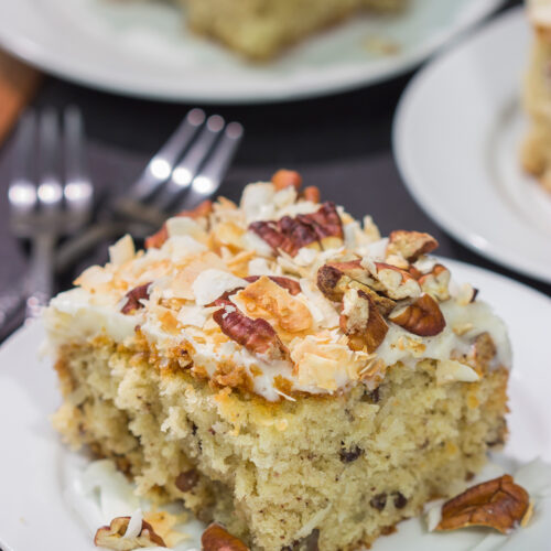 The combination of coconut and pecan flavors in this tender cake topped with cream cheese frosting is absolutely fantastic! Add toasted pecans and coconut on top to make this Italian Cream Cake irresistible!