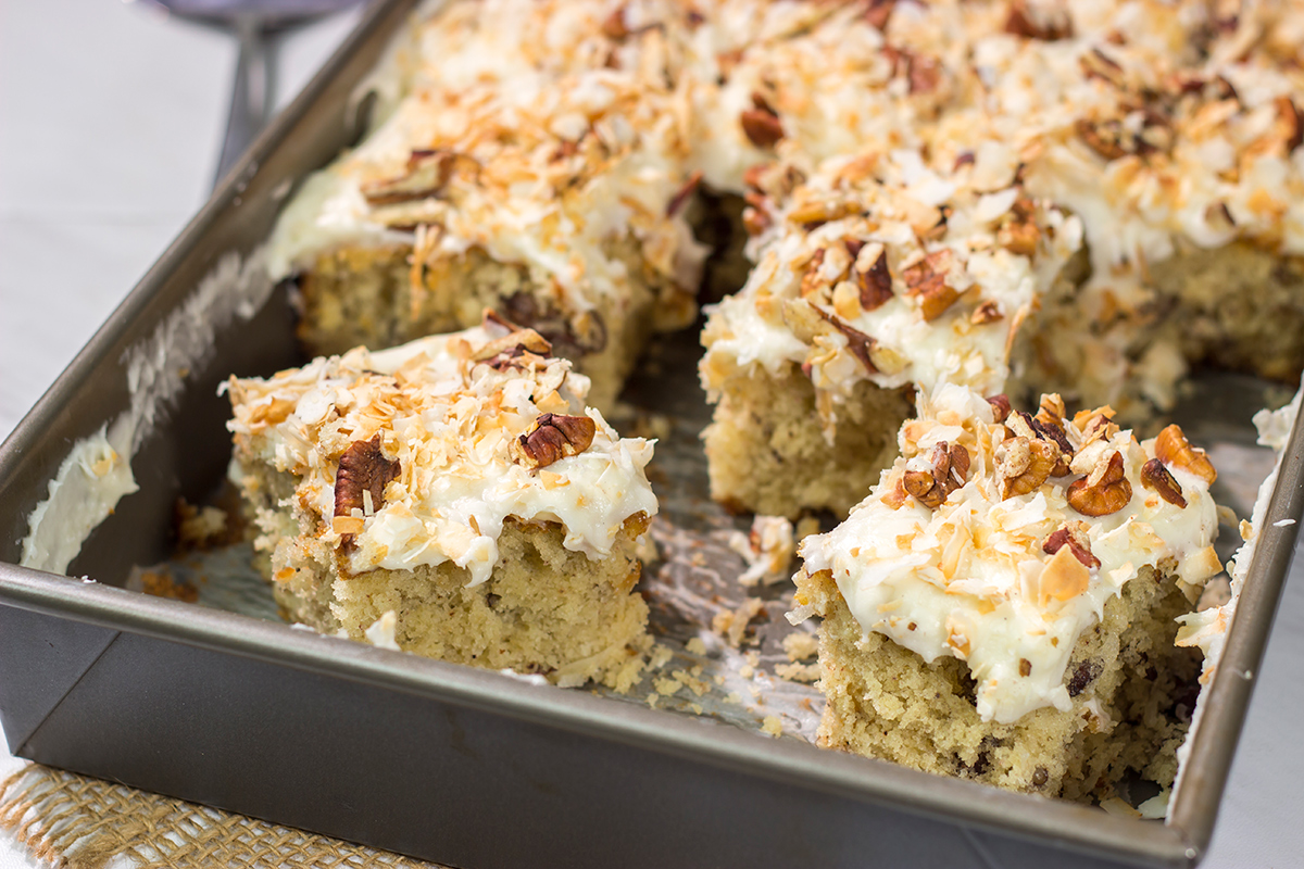 The combination of coconut and pecan flavors in this tender cake topped with cream cheese frosting is absolutely fantastic! Add toasted pecans and coconut on top to make this Italian Cream Cake irresistible!