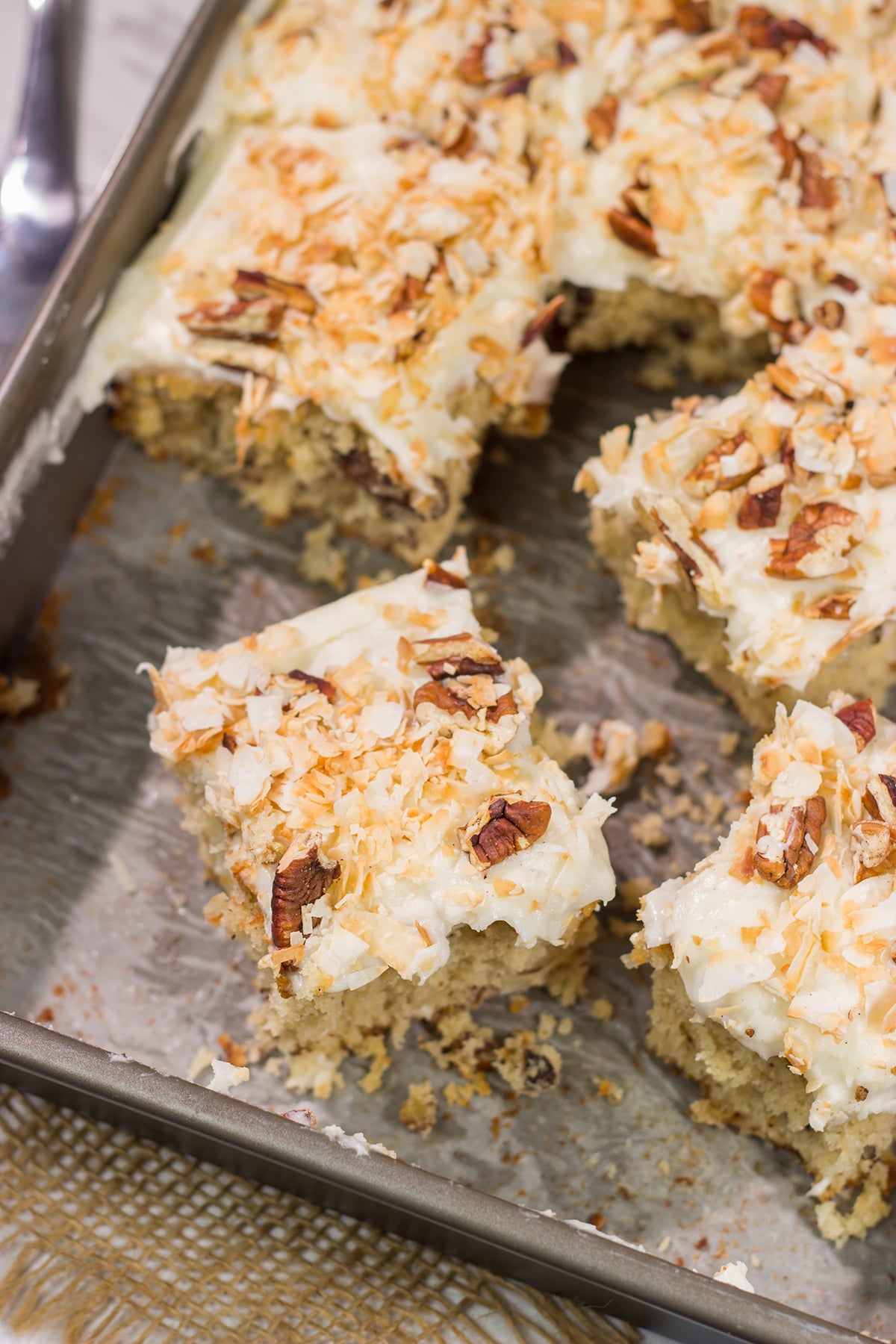 The combination of coconut and pecan flavors in this tender cake topped with cream cheese frosting is absolutely fantastic! Add toasted pecans and coconut on top to make this Italian Cream Cake irresistible!