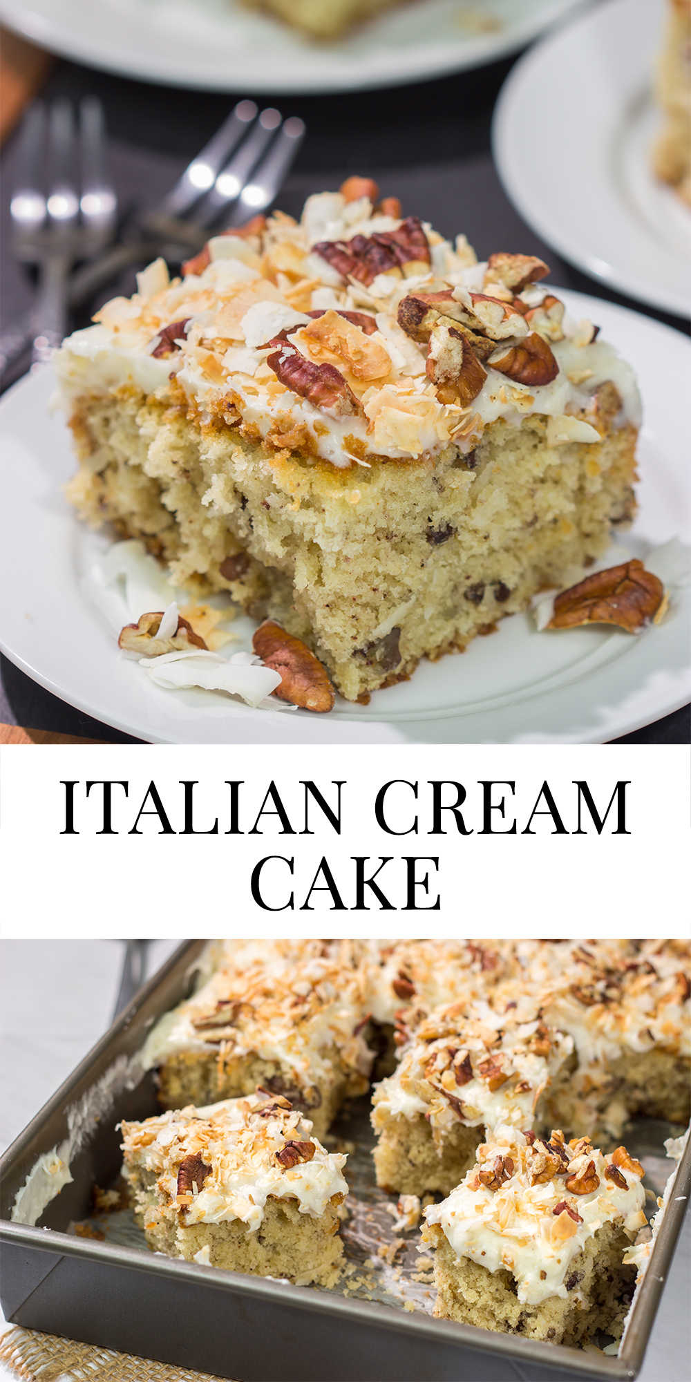 The combination of coconut and pecan flavors in this tender cake topped with cream cheese frosting is absolutely fantastic! Add toasted pecans and coconut on top to make this Italian Cream Cake irresistible!