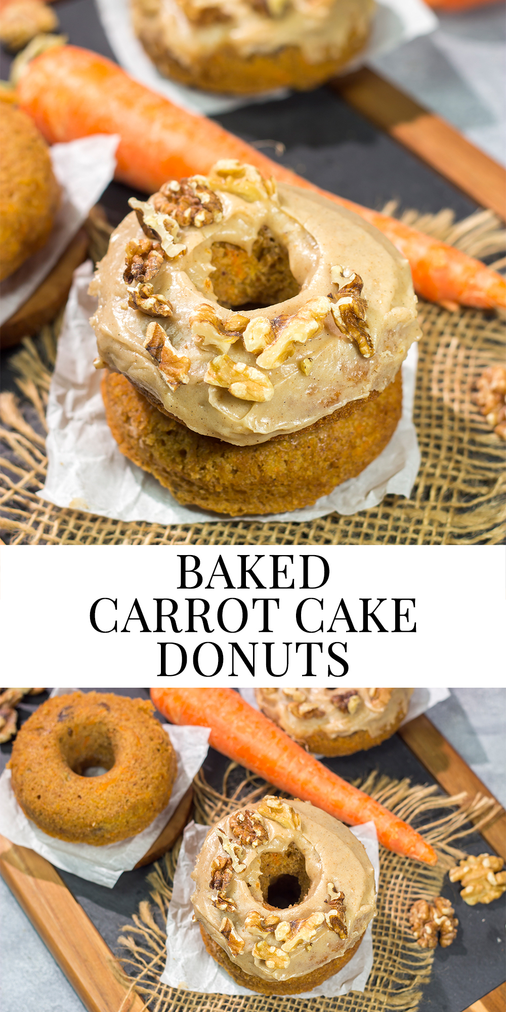 These baked Carrot Cake Donuts feature a tender and delicious donut topped with a creamy brown sugar + cream cheese frosting. These donuts are perfect for Easter!