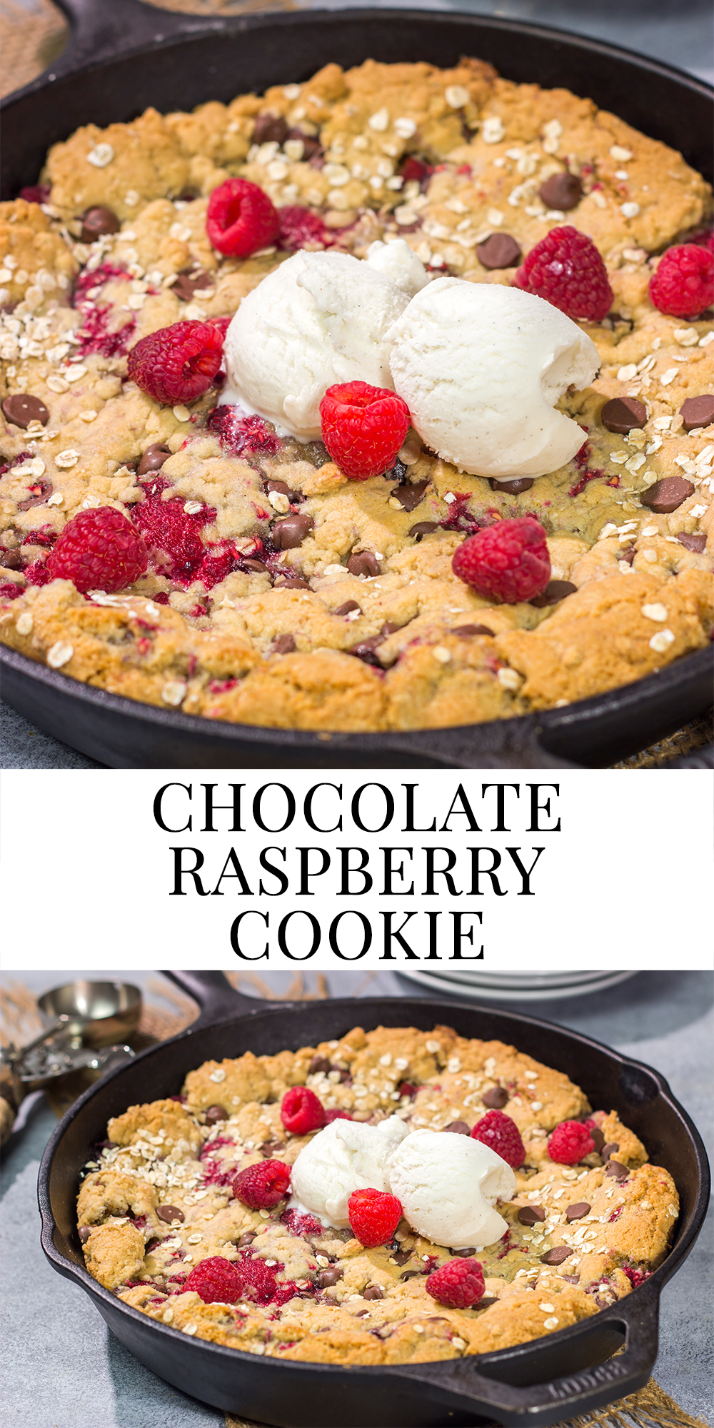 Who wants a gigantic cookie?? This Chocolate Raspberry Cookie is baked in a cast iron skillet, and it features fresh raspberries combined with chocolate chips. Yum!