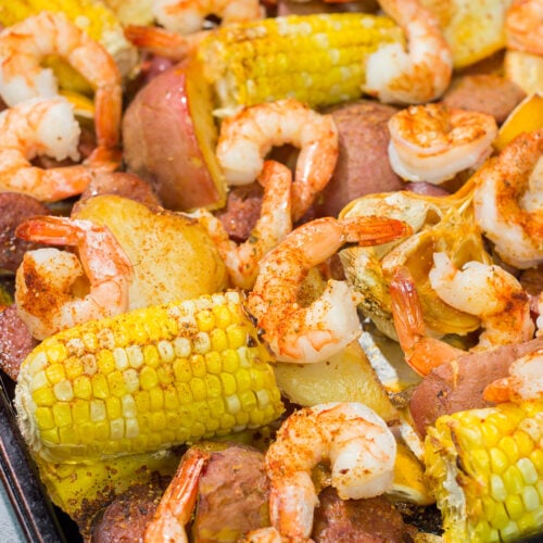This Sheet Pan Lowcountry Boil recipe features all of the flavors of a traditional shrimp boil...but it gets baked in the oven instead!