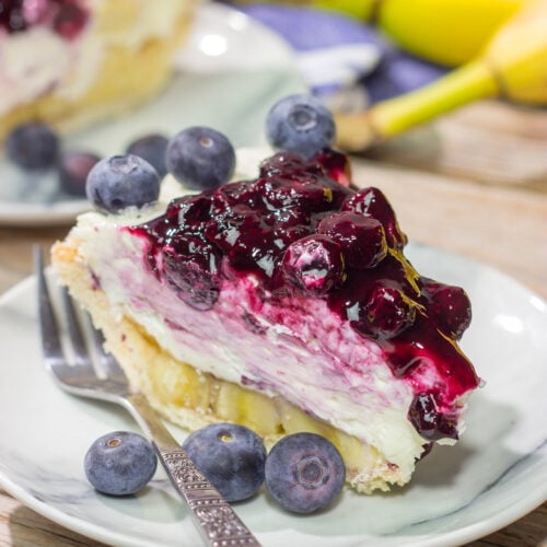 This creamy, chilled Blueberry Banana Cream Cheese Pie is an easy and delicious dessert for a hot summer day. It's a great recipe for backyard parties!