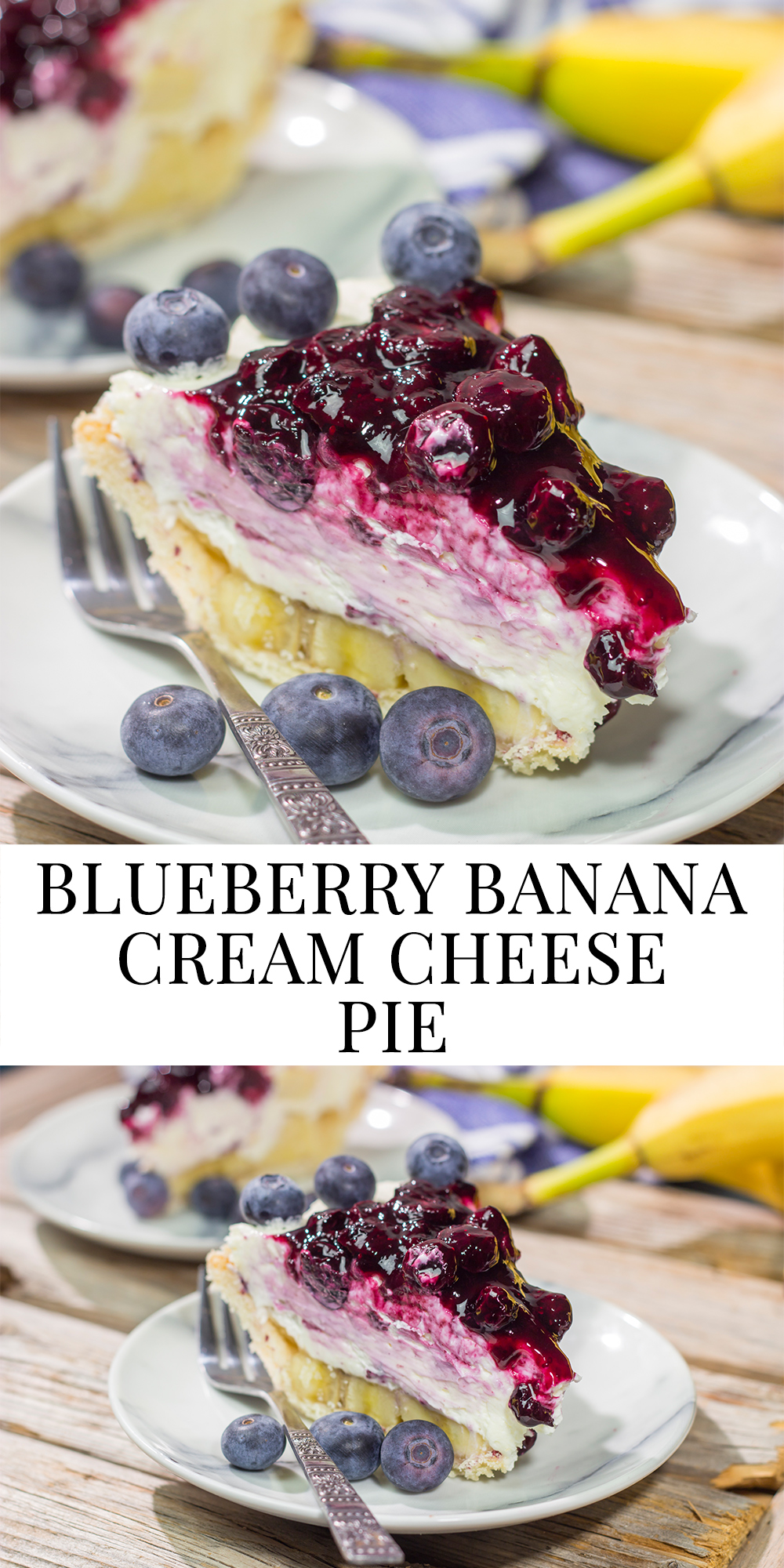 This creamy, chilled Blueberry Banana Cream Cheese Pie is an easy and delicious dessert for a hot summer day. It's a great recipe for backyard parties!