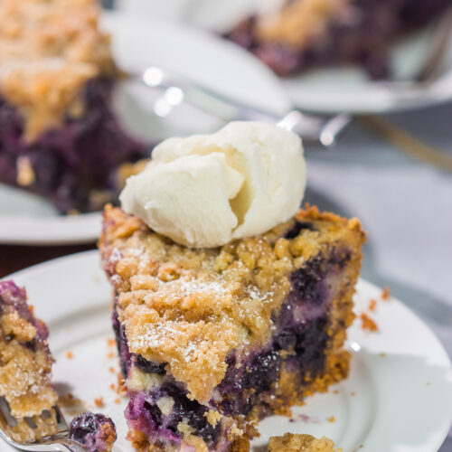 Featuring a sweet custard poured over juicy blueberries, this Blueberry Cream Pie is packed with summer flavor! Grab a slice and enjoy!