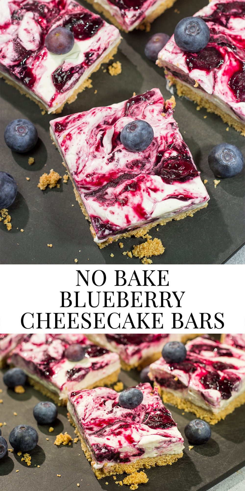 These No Bake Blueberry Cheesecake Bars feature a creamy cheesecake filling swirled with fresh blueberry jam on top of a buttery graham cracker crust. They're perfect for a hot summer day!