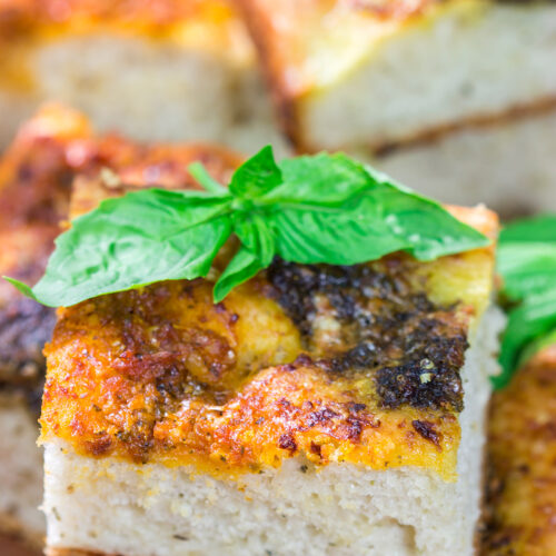 Topped with 2 types of pesto, this Sundried Tomato and Pesto Focaccia is a flavorful and delicious bread. Serve as a side dish or slice in half for a unique sandwich bread!