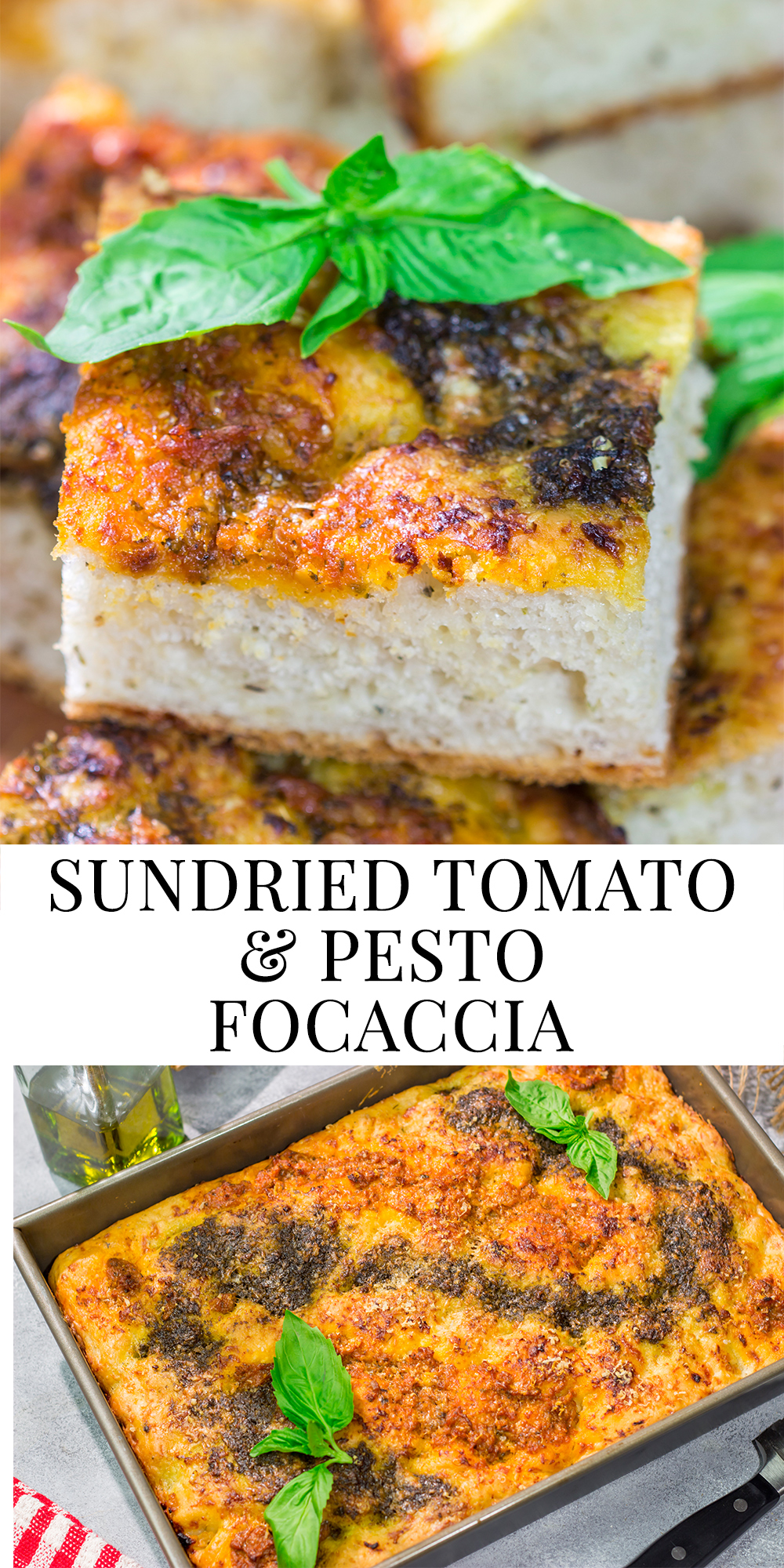 Topped with 2 types of pesto, this Sundried Tomato and Pesto Focaccia is a flavorful and delicious bread. Serve as a side dish or slice in half for a unique sandwich bread!