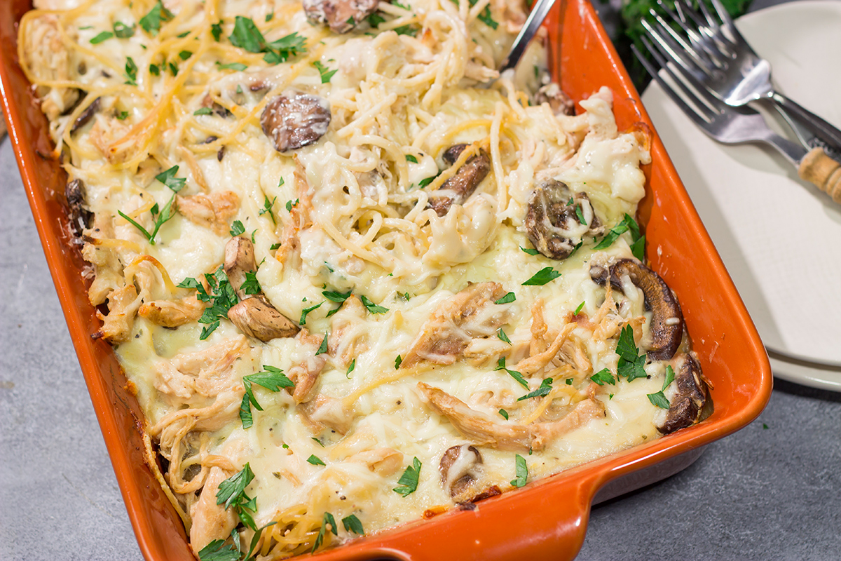 This Chicken Tetrazzini is a baked pasta casserole made with chopped rotisserie chicken, cream sauce and pasta. It's classic comfort food at its best!