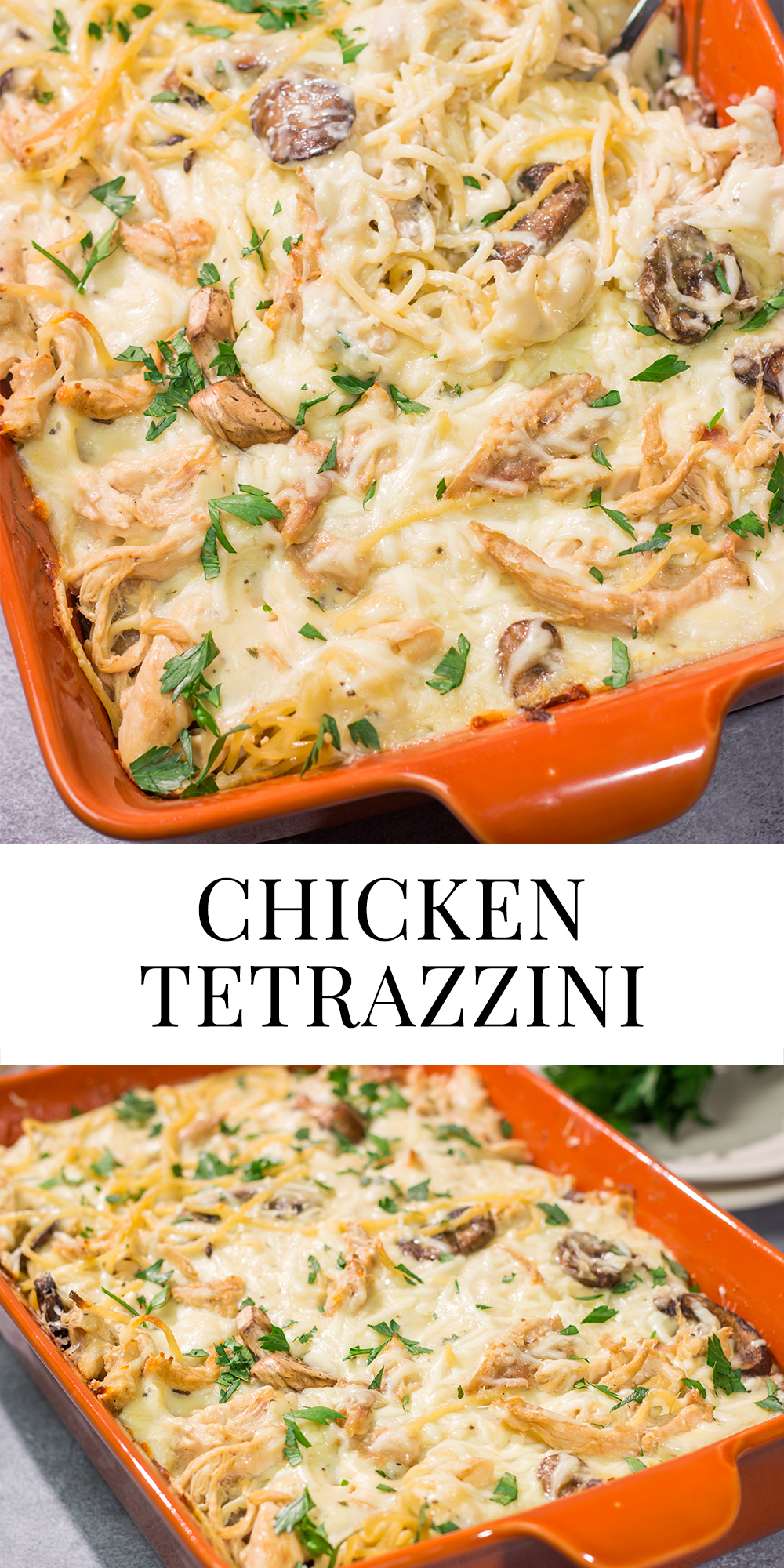 This Chicken Tetrazzini is a baked pasta casserole made with chopped rotisserie chicken, cream sauce and pasta. It's classic comfort food at its best!