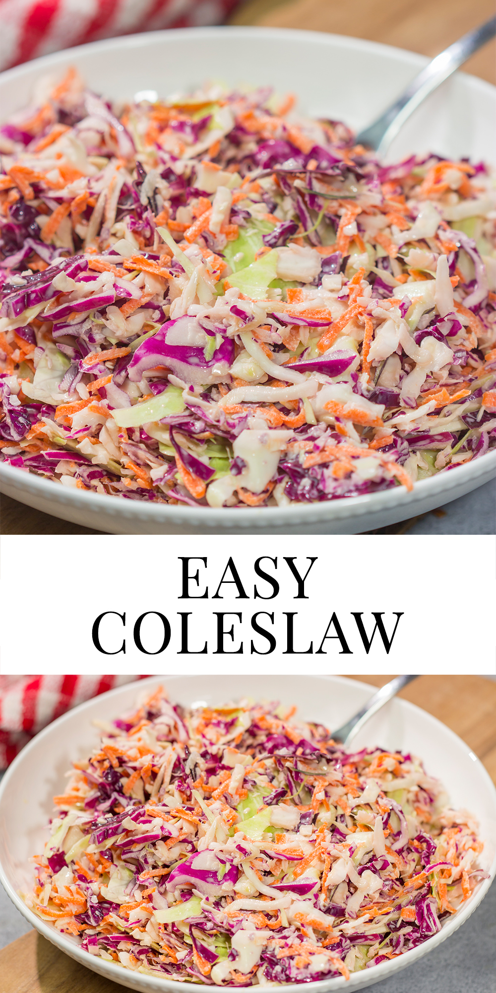 This Easy Coleslaw can be served as either a topping or a side dish. This creamy coleslaw recipe pairs well with barbecue, burgers and fried chicken.