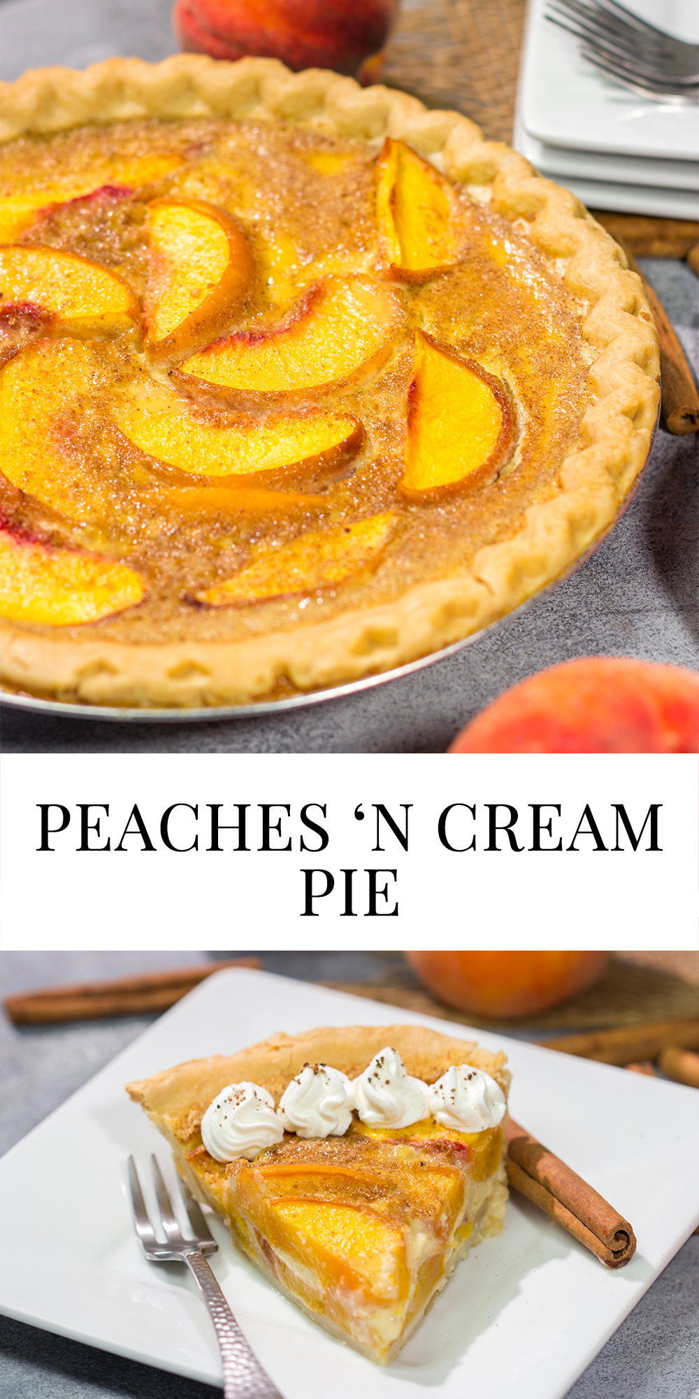 This Peaches and Cream Pie is a fun nod to the old-fashioned dessert of sliced peaches with fresh cream. The flavor of the fresh peaches makes this the perfect summer dessert recipe!