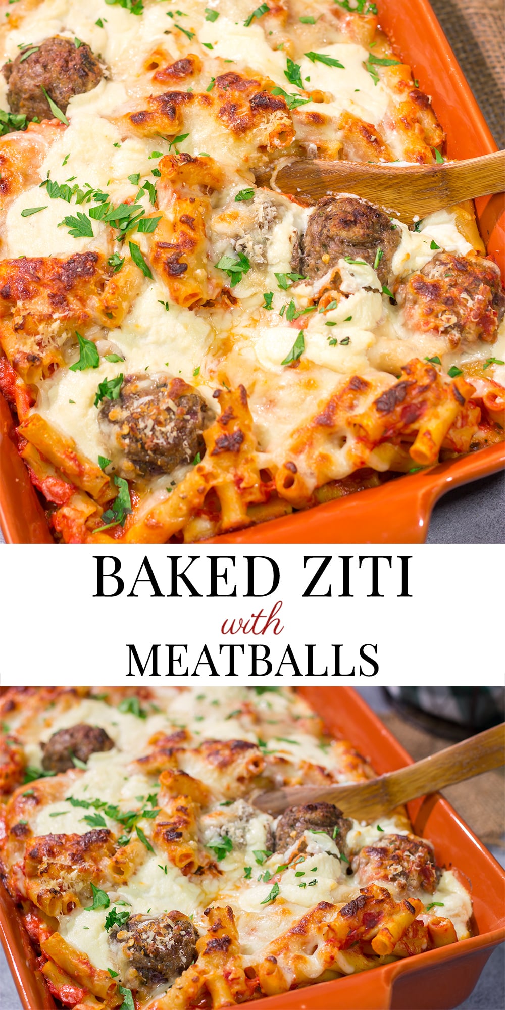 This Baked Ziti with Meatballs recipe is the ultimate comfort food. Pasta, gooey melted cheese and meatballs combine to create a delicious casserole!