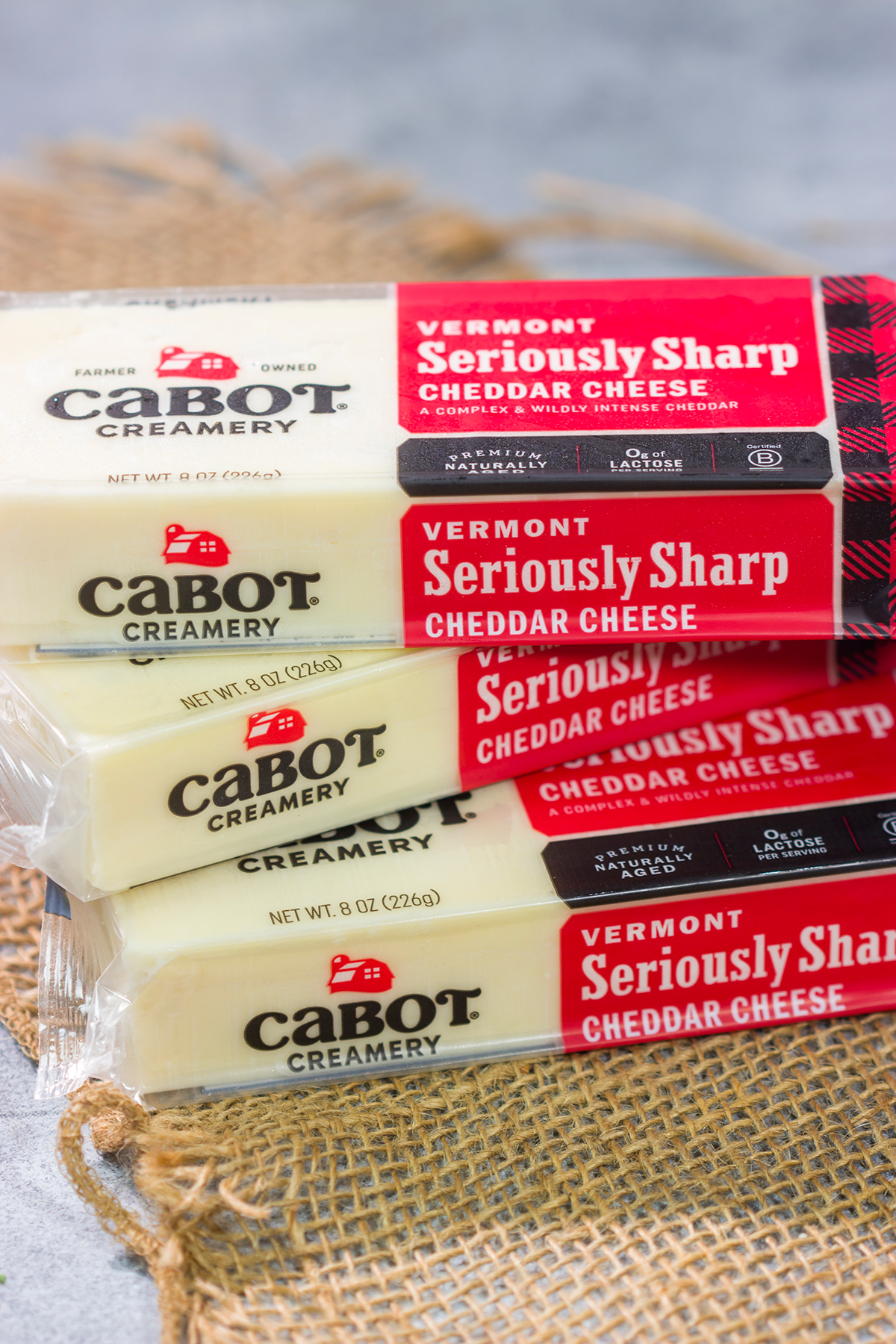 Bars of Cabot Creamery Seriously Sharp Cheddar cheese