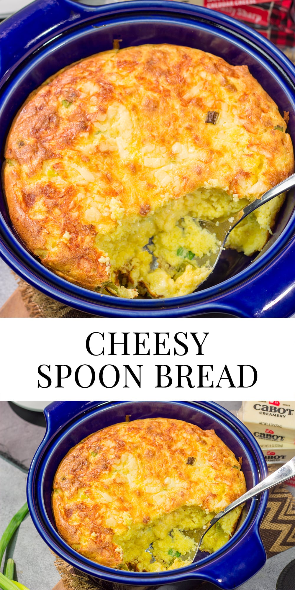 This Cheesy Spoon Bread is a cross between a souffle and cornbread. It's an easy dinner side dish that is packed with cheesy flavor!