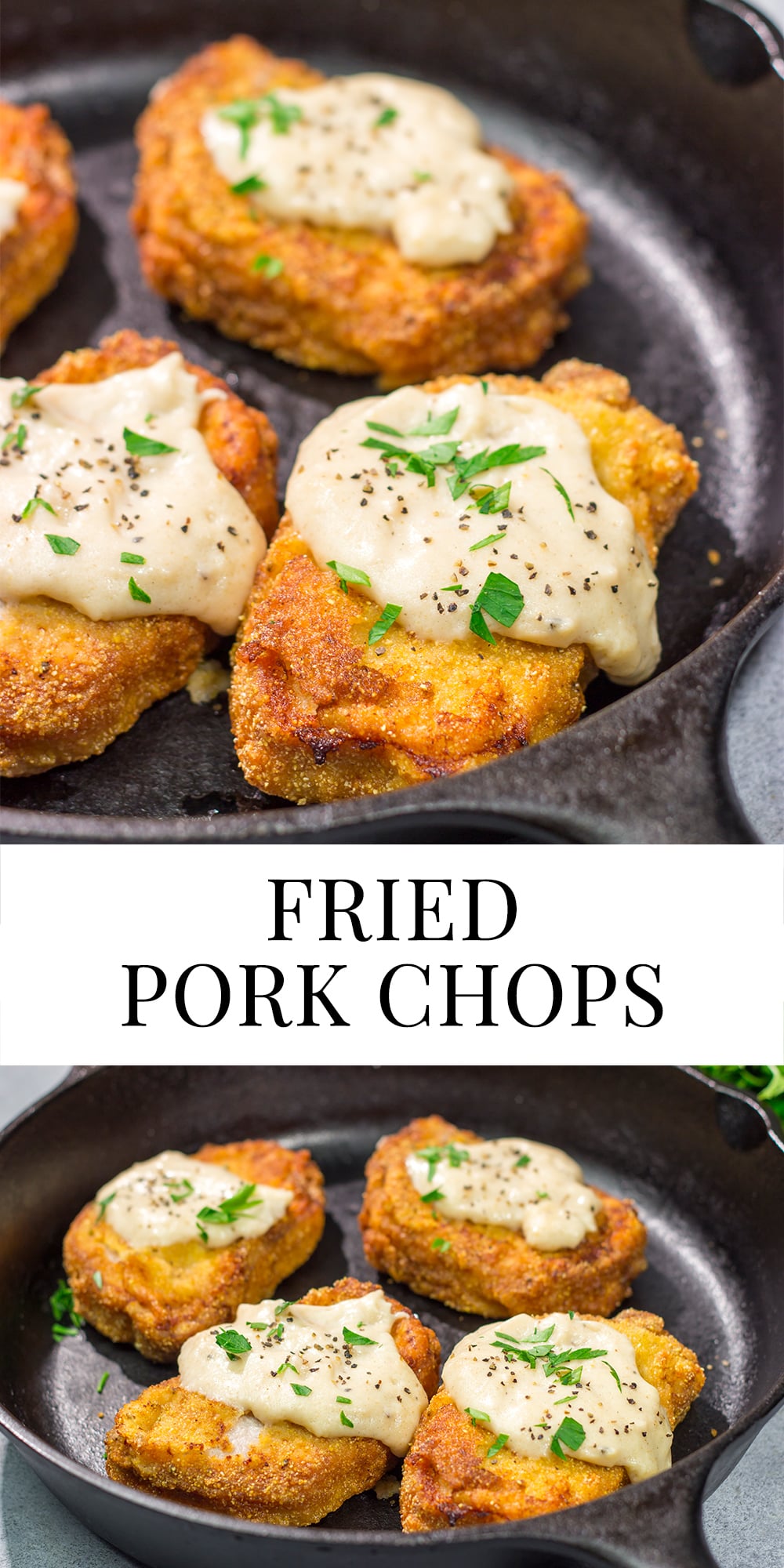 Fried Pork Chops are a classic Southern comfort food! These crispy, tender pork chops are served with an easy homemade gravy on top for maximum flavor.