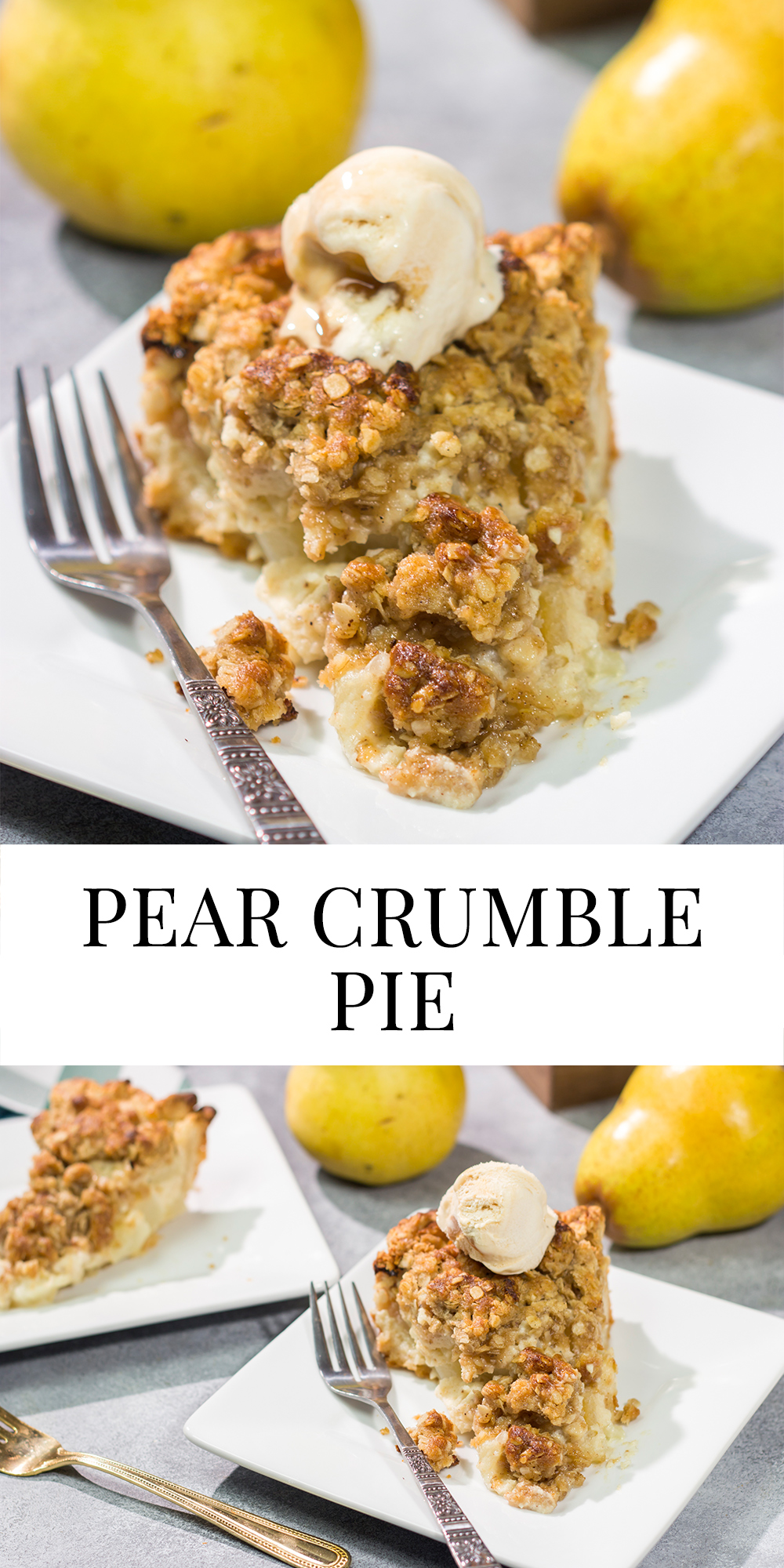 Sweet pears get tossed with a sour cream pie filling for a delicious and easy autumn dessert. This Pear Crumble Pie also gets topped with a brown sugar crumble - delicious!