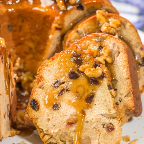 This Rum Raisin Pound Cake features a buttery cake studded with raisins and chopped walnuts. For extra flavor, a warm rum sauce gets poured over the cake before serving.