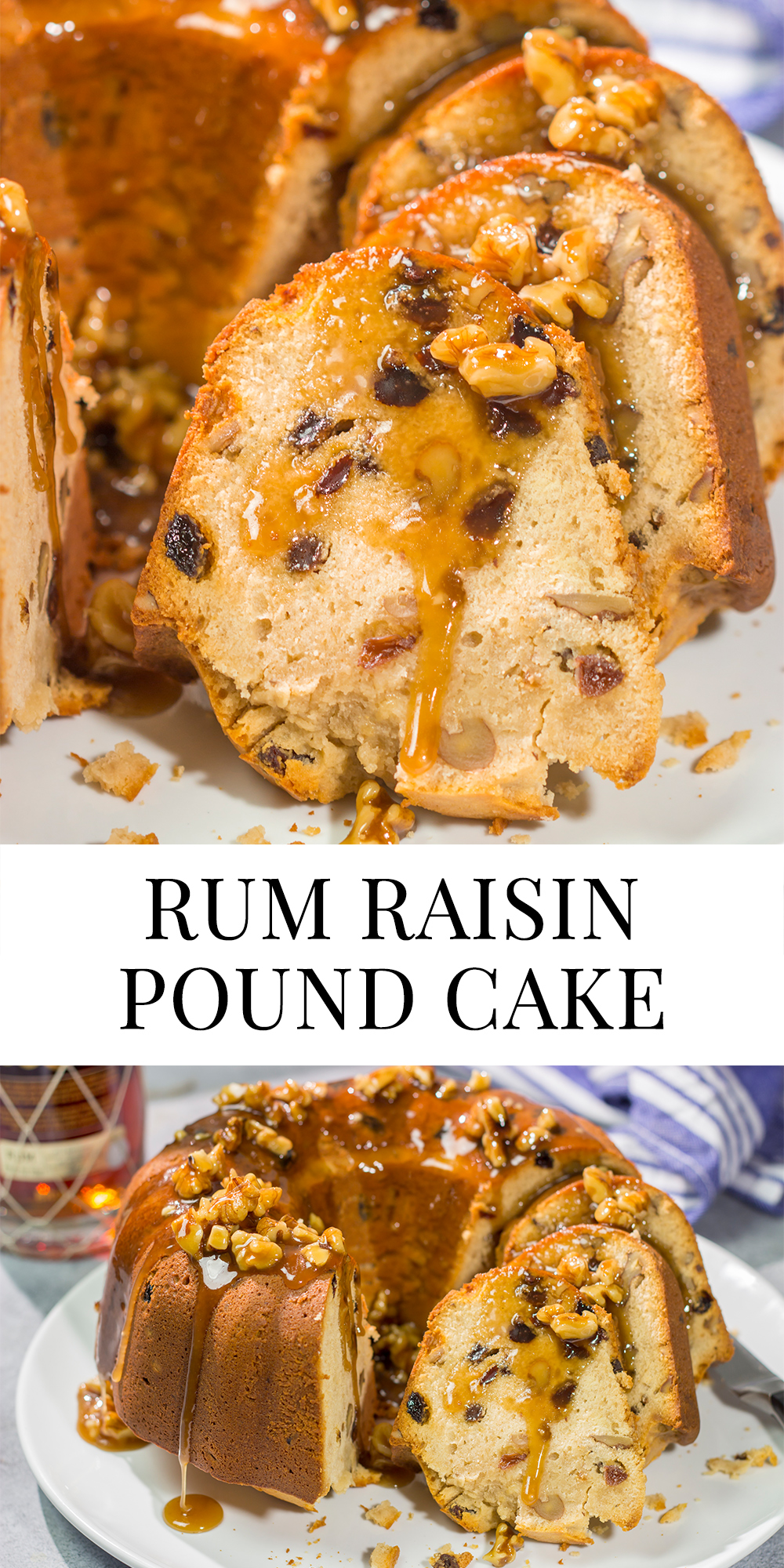 This Rum Raisin Pound Cake features a buttery cake studded with raisins and chopped walnuts. For extra flavor, a warm rum sauce gets poured over the cake before serving.