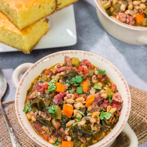 A bowl of this Black Eyed Pea Soup is sure to bring good luck - and it's delicious! Serve this hearty soup with a hunk of warm, buttered cornbread for the ultimate cozy meal.
