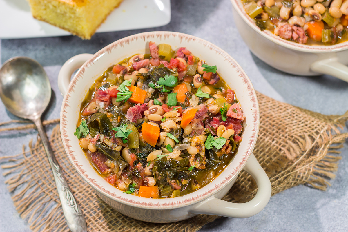 A bowl of this Black Eyed Pea Soup is sure to bring good luck - and it's delicious! Serve this hearty soup with a hunk of warm, buttered cornbread for the ultimate cozy meal.