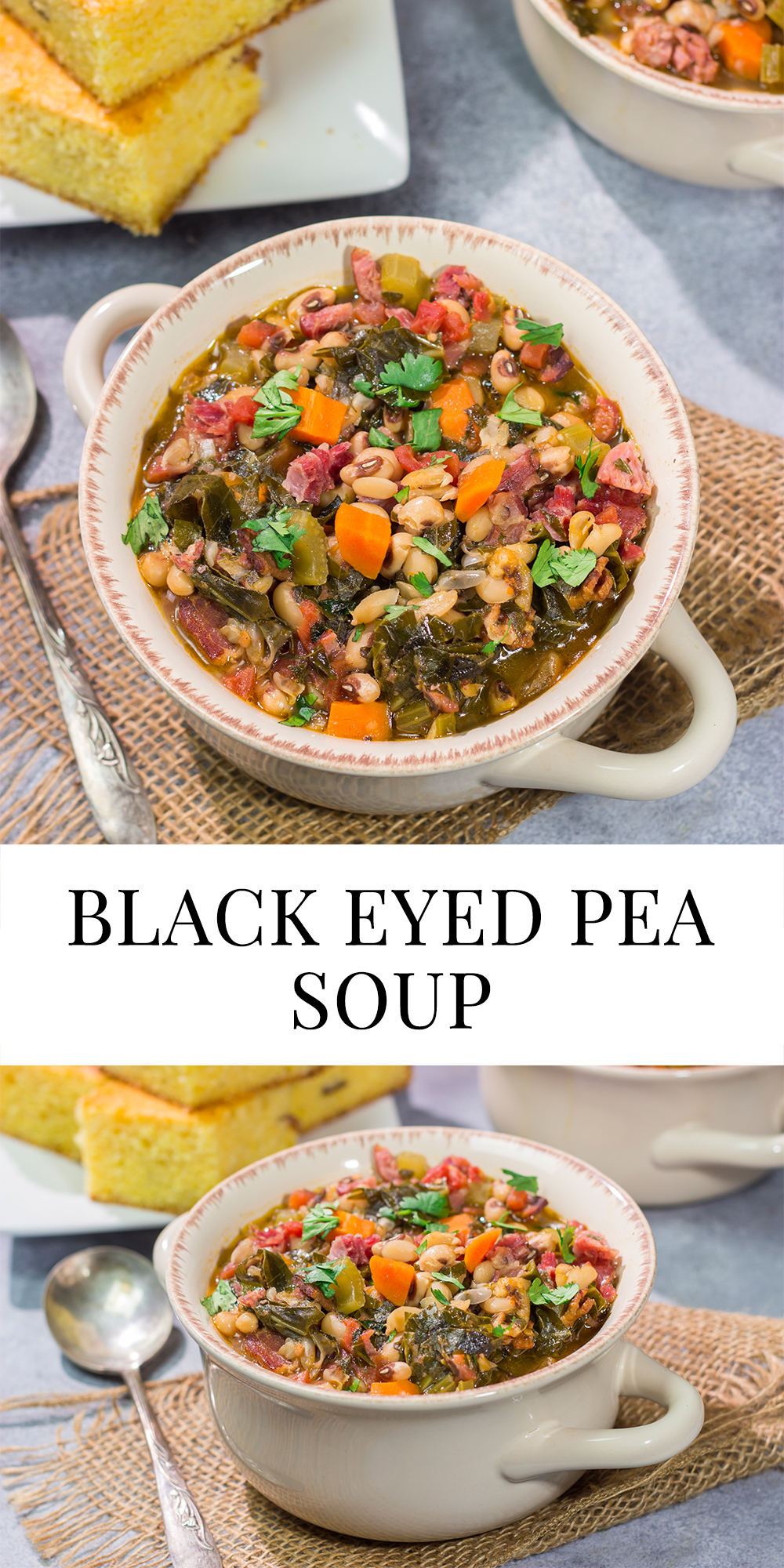 A bowl of this Black Eyed Pea Soup is sure to bring good luck - and it's delicious! Serve this hearty soup with a hunk of warm, buttered cornbread for the ultimate cozy meal.