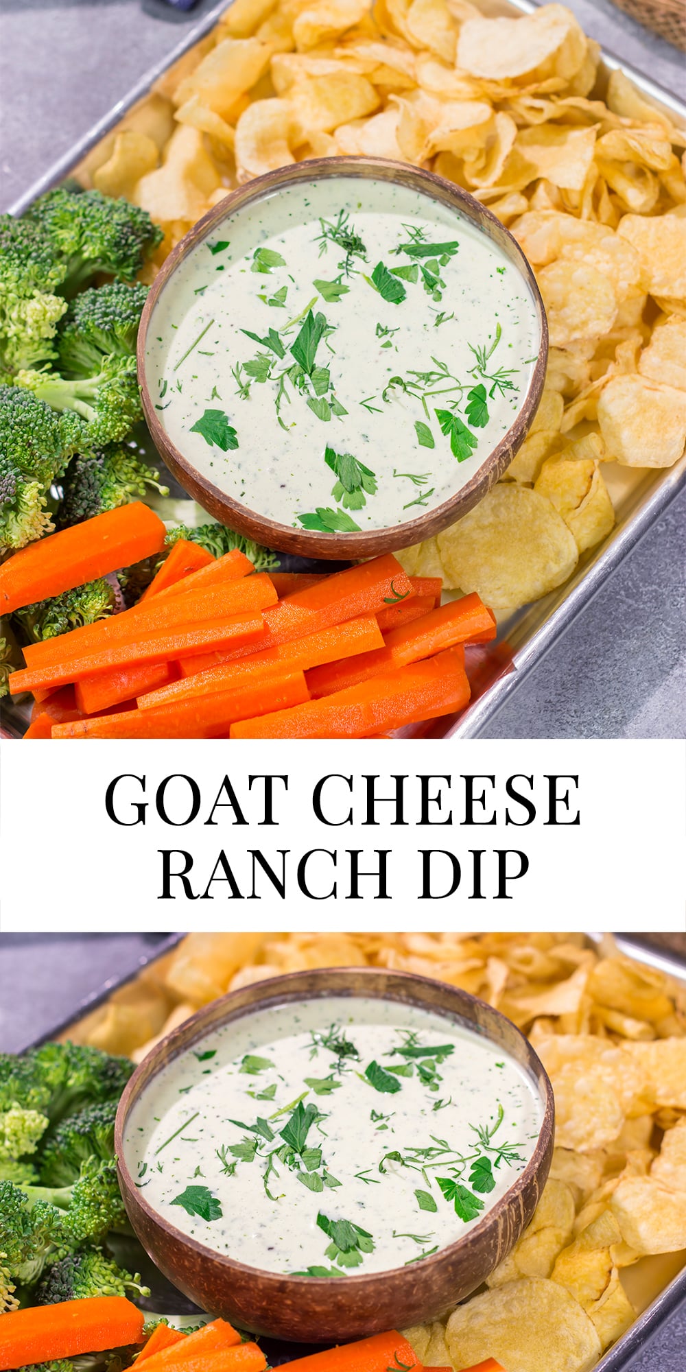This Goat Cheese Ranch Dip is an easy and delicious party appetizer recipe! It can also be turned into a salad dressing. It's packed with flavor no matter how you serve it!