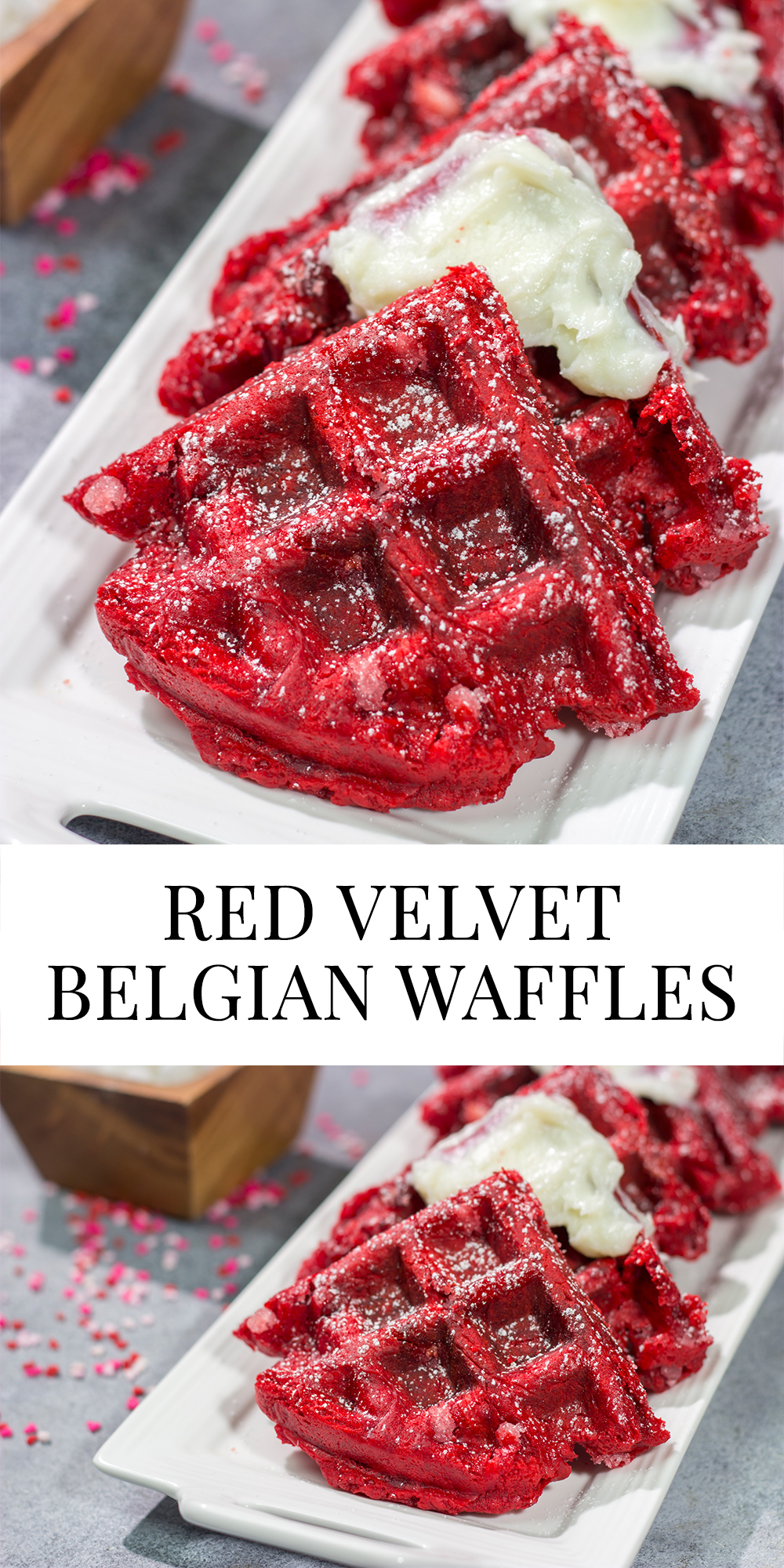 These Red Velvet Belgian Waffles are slightly crispy on the outside, but light and airy on the inside. They're a delicious way to celebrate Valentine's Day...or any day!