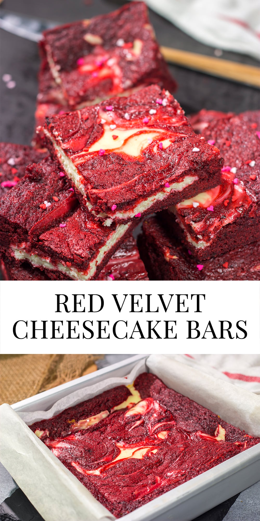 These Red Velvet Cheesecake Bars feature a chocolate brownie base topping with a layer of creamy cheesecake. They're perfect for Valentine's Day...or any day!