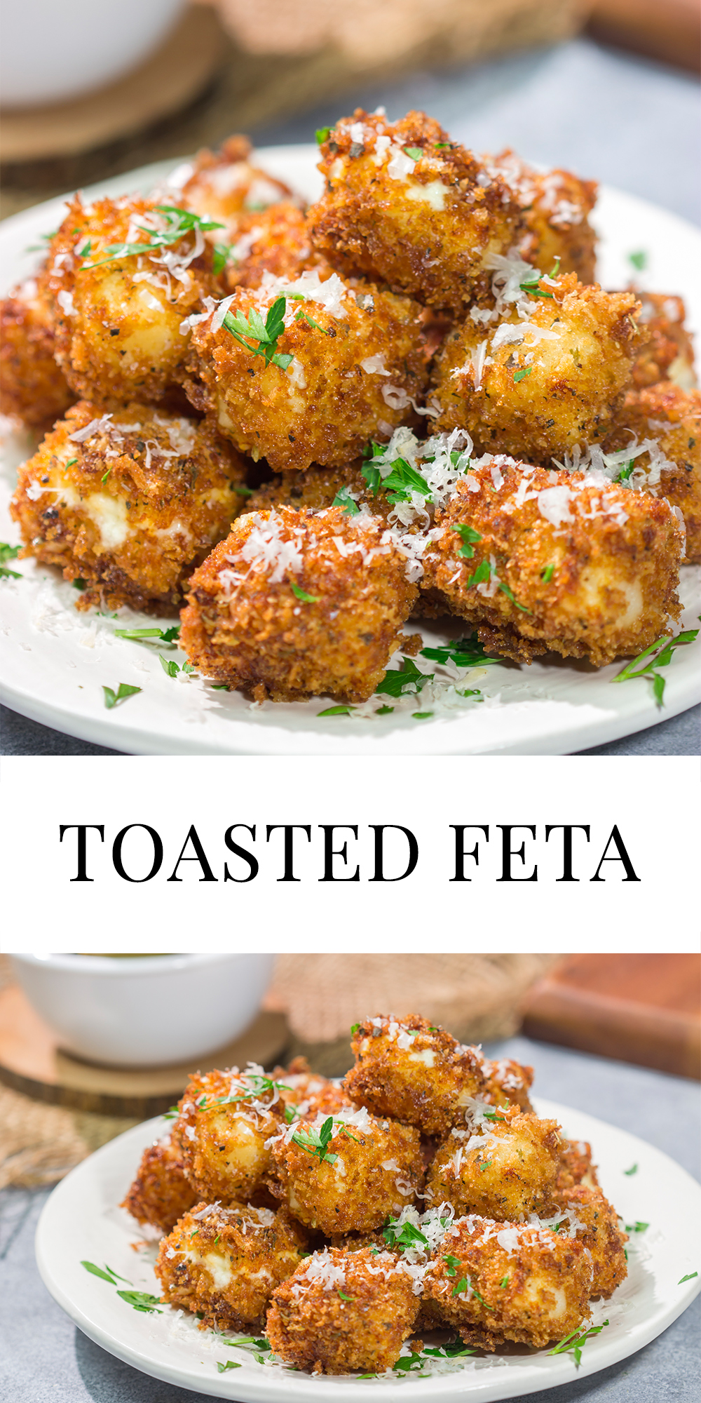 This Toasted Feta is crispy on the outside and warm and creamy on the inside. It can be served as a party appetizer or on top of salads. Enjoy!