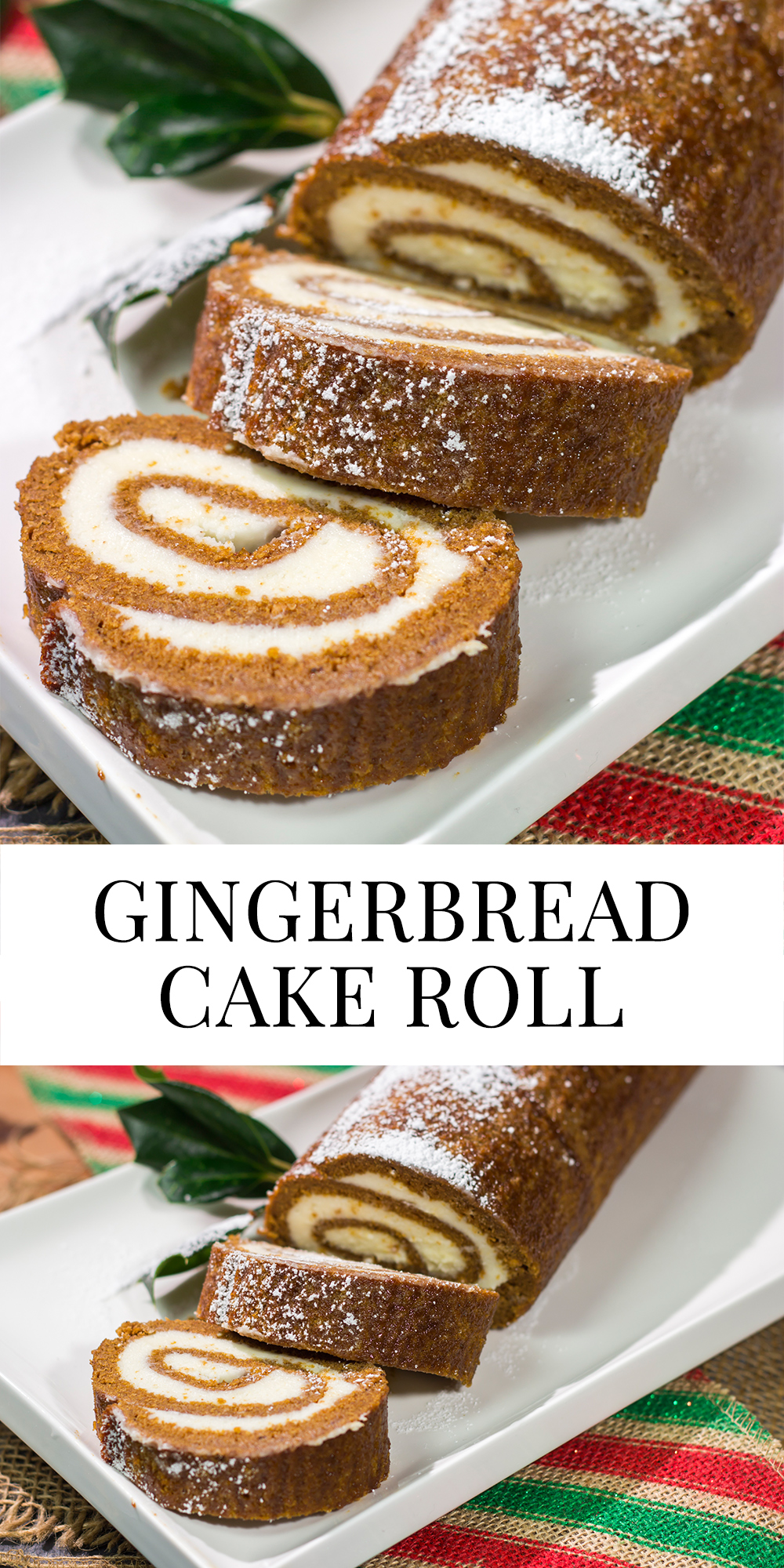 Get into the holiday spirit with this Gingerbread Cake Roll! This festive dessert features a thin gingerbread cake filled with a light and fluffy cream cheese frosting - it's perfect for holiday parties!
