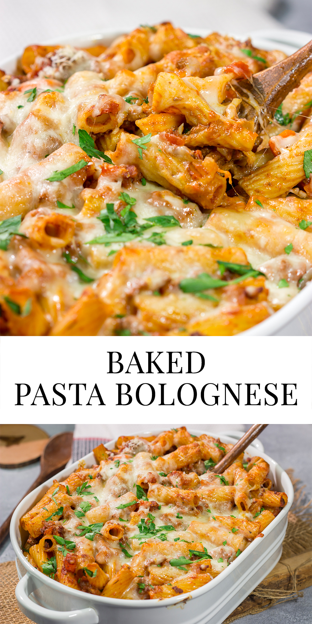 This Baked Pasta Bolognese is the ultimate comfort food! The homemade Bolognese sauce is layered with pasta and cheese to create a delicious recipe that's sure to become a family favorite!