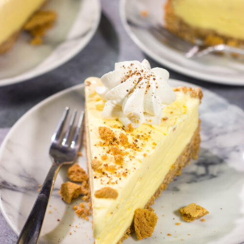 Who says ice cream is only for warm weather? This Eggnog Ice Cream Pie features creamy ice cream in a gingersnap cookie crust - it's a delicious treat for the holiday season!