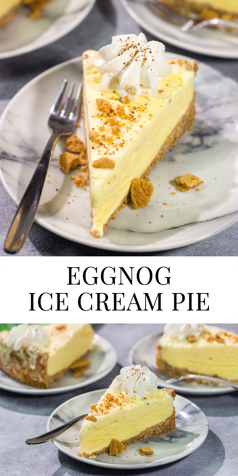 Who says ice cream is only for warm weather? This Eggnog Ice Cream Pie features creamy ice cream in a gingersnap cookie crust - it's a delicious treat for the holiday season!
