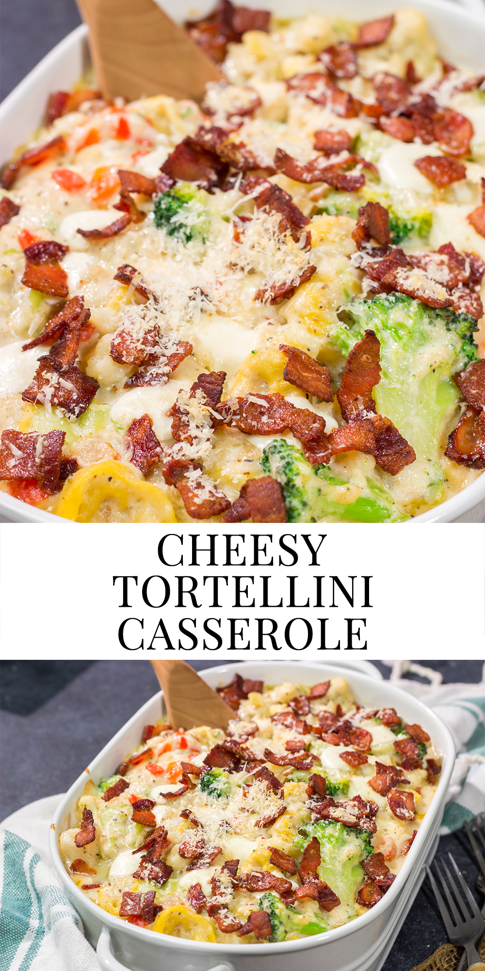 Featuring tender tortellini pasta mixed with a creamy sauce, this Cheesy Tortellini Casserole is the ultimate comfort food recipe!