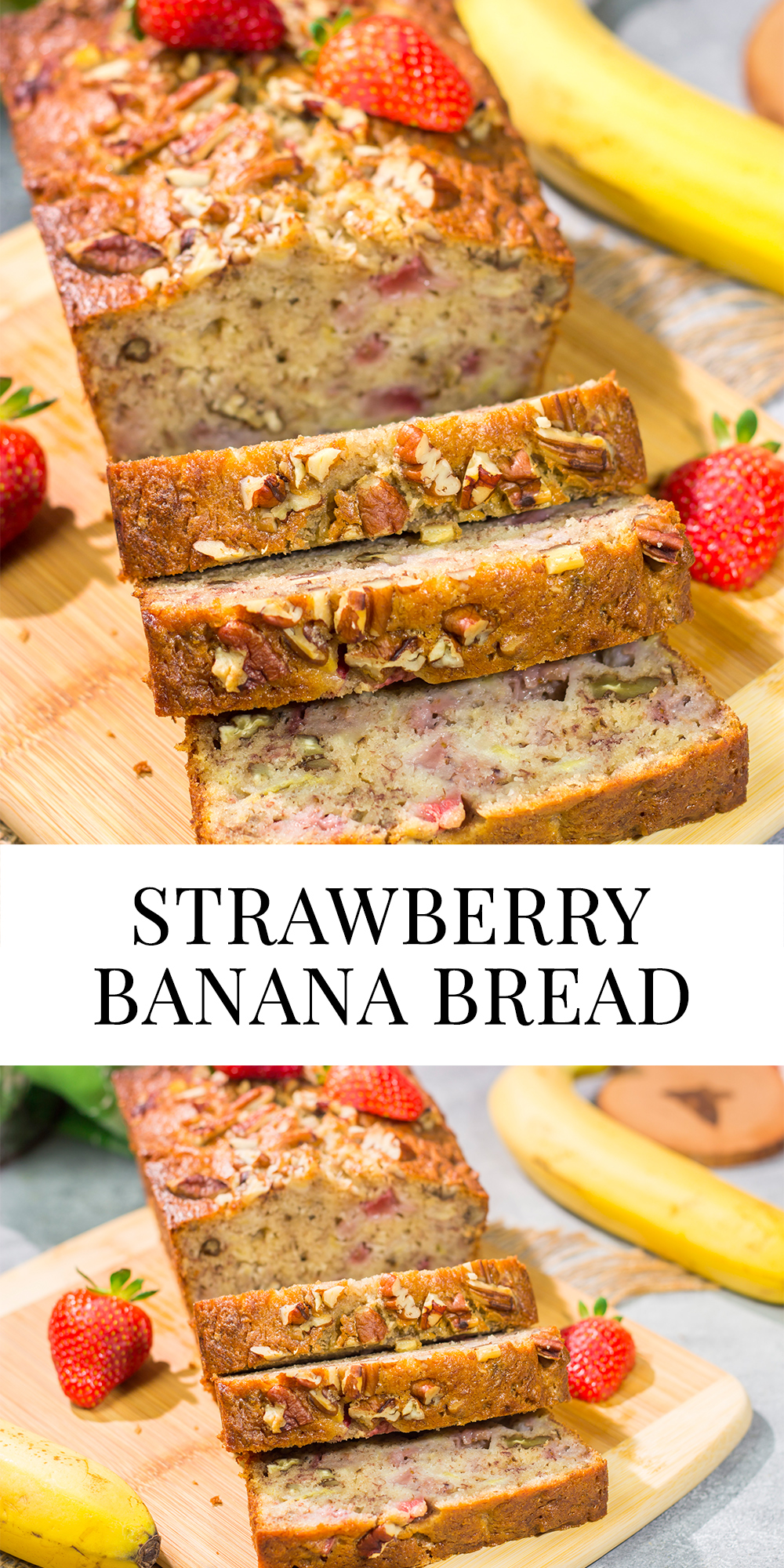 This Strawberry Banana Bread is packed with ripe banana + fresh strawberry flavor. A slice of this bread with a mug of hot coffee is a pretty fantastic way to start the day!