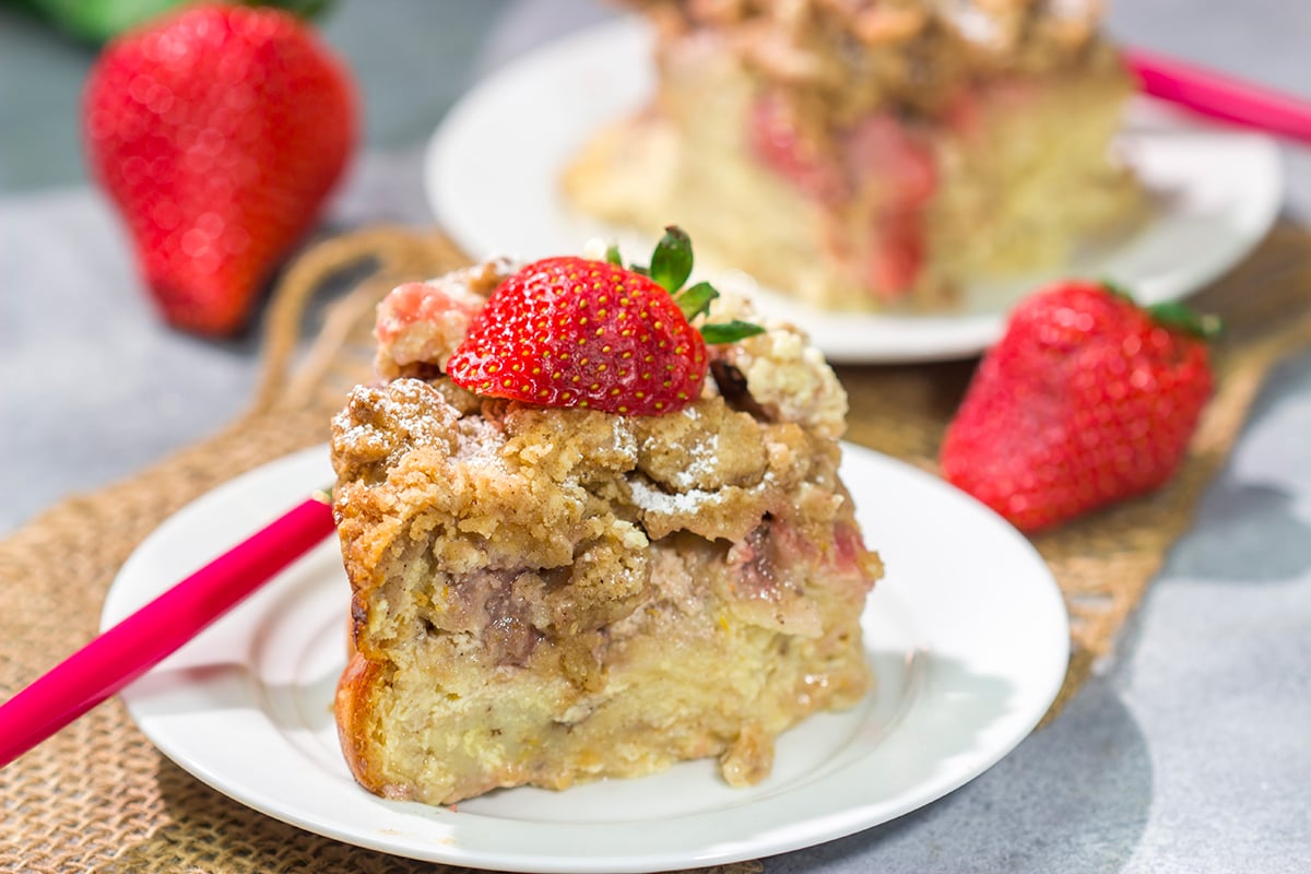 Fresh juicy strawberries combine with a rich custard filling in this Strawberry French Toast Bake. This make-ahead casserole is perfect for weekend breakfast!