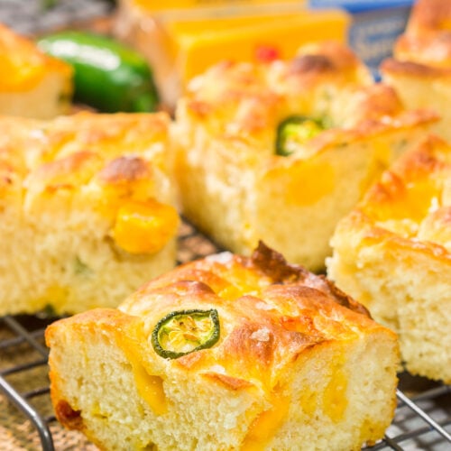 This Jalapeno Cheddar Focaccia features diced jalapenos and chunks of sharp cheddar cheese. It's fantastic next to soups and stews, or it can be sliced into sandwich bread. Grilled cheese sandwich, anyone??