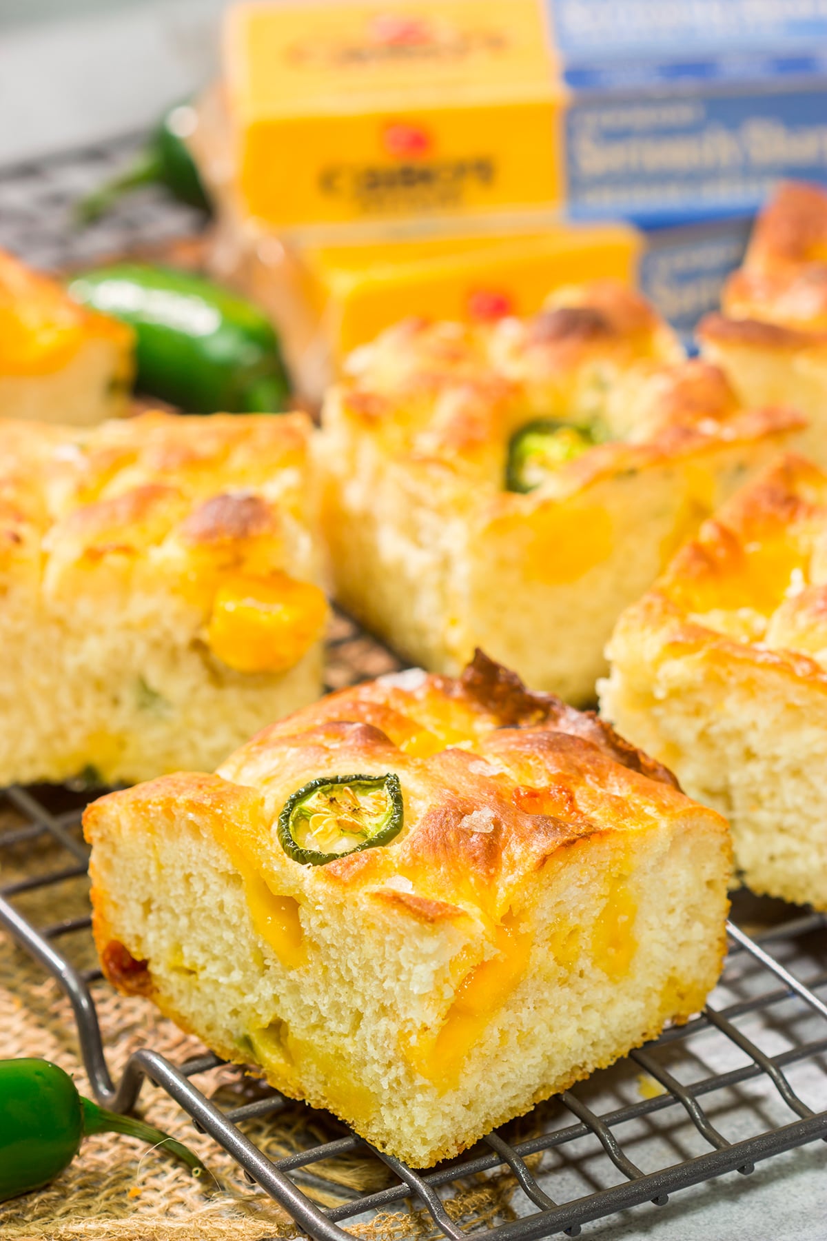 This Jalapeno Cheddar Focaccia features diced jalapenos and chunks of sharp cheddar cheese. It's fantastic next to soups and stews, or it can be sliced into sandwich bread. Grilled cheese sandwich, anyone??