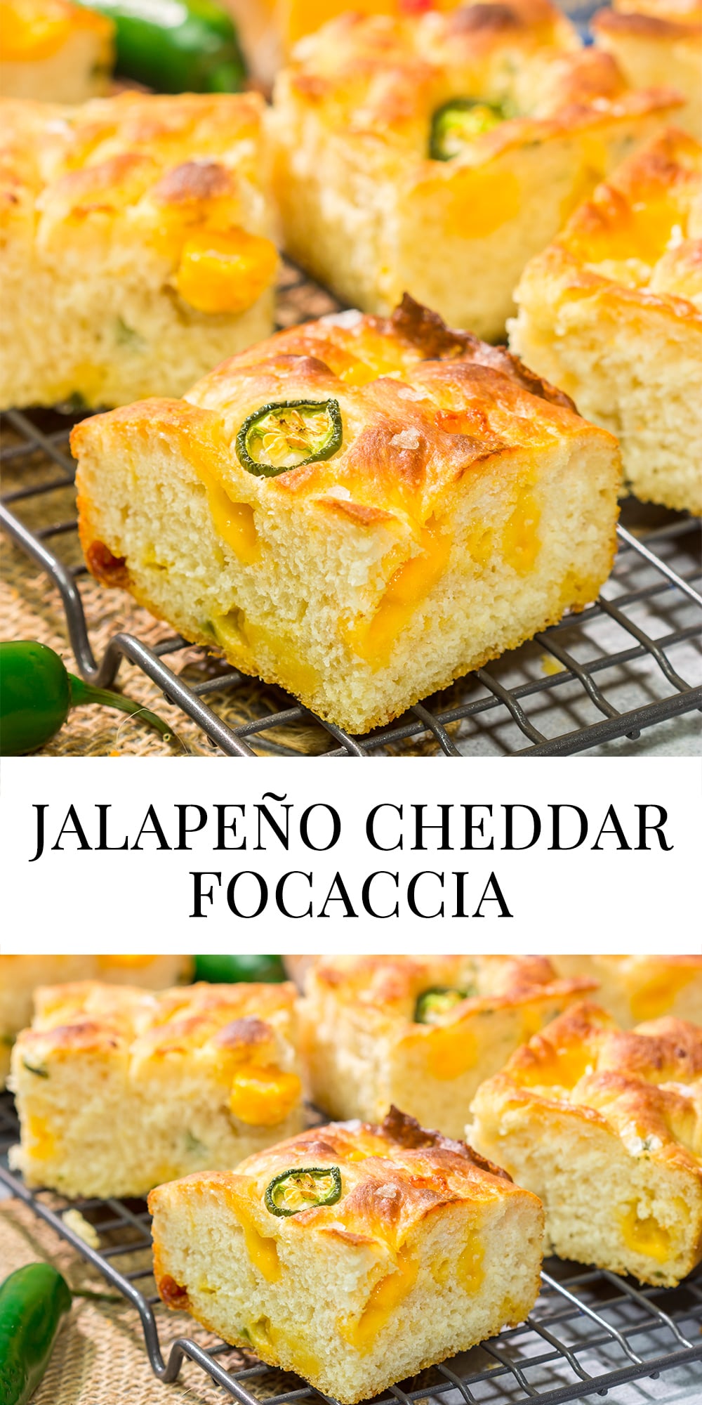 This Jalapeno Cheddar Focaccia features diced jalapenos and chunks of sharp cheddar cheese. It's fantastic next to soups and stews, or it can be sliced into sandwich bread. Grilled cheese sandwich, anyone??