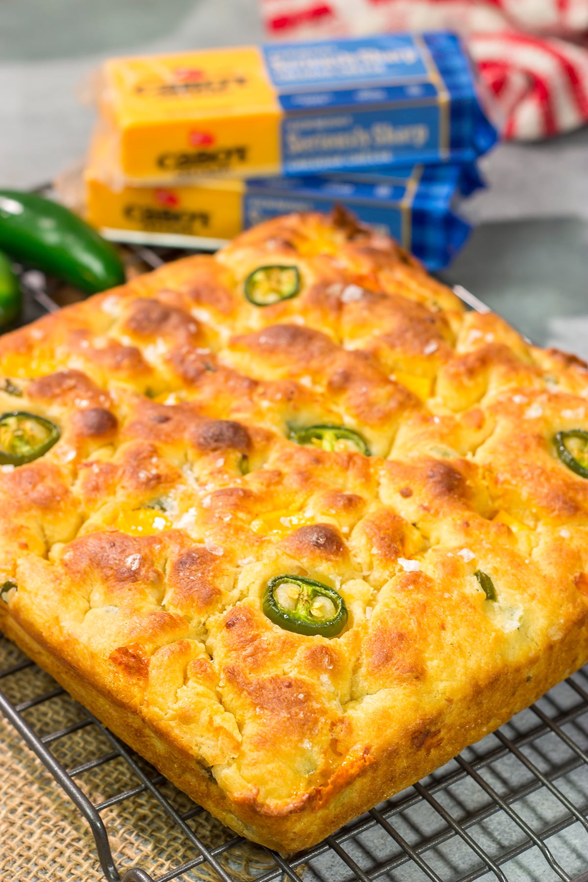 This Jalapeno Cheddar Focaccia features diced jalapenos and chunks of sharp cheddar cheese. It's fantastic next to soups and stews, or it can be sliced into sandwich bread. Grilled cheese sandwich, anyone??