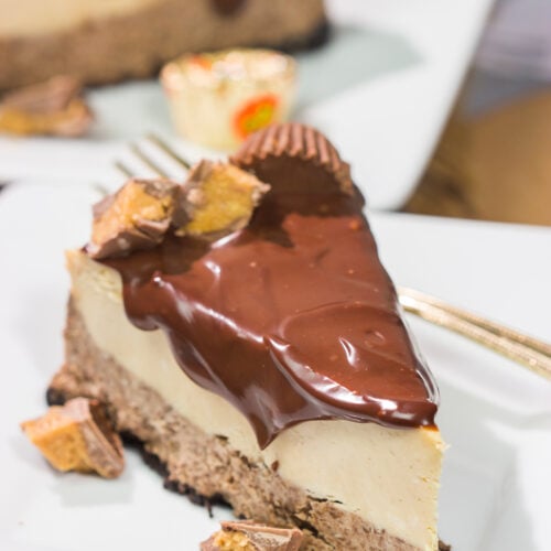 This Chocolate Peanut Butter Cheesecake features creamy layers of cheesecake topped with a decadent chocolate ganache. It's the ultimate chocolate lover's dessert!