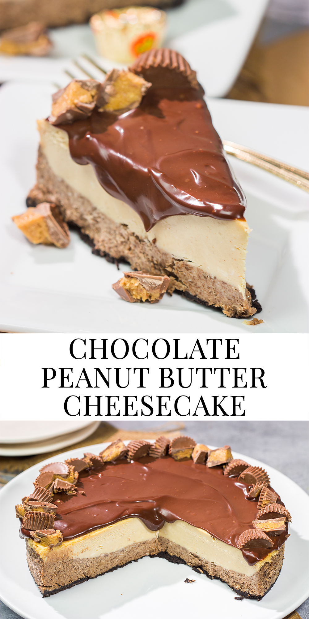This Chocolate Peanut Butter Cheesecake features creamy layers of cheesecake topped with a decadent chocolate ganache. It's the ultimate chocolate lover's dessert!