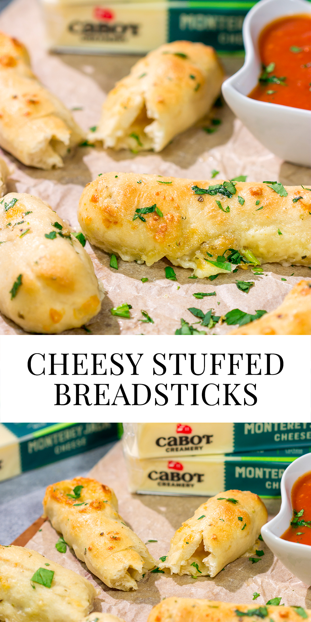 These Cheesy Stuffed Breadsticks are golden brown, buttery and stuffed with melted cheese - they're the ultimate comfort food appetizer or snack!